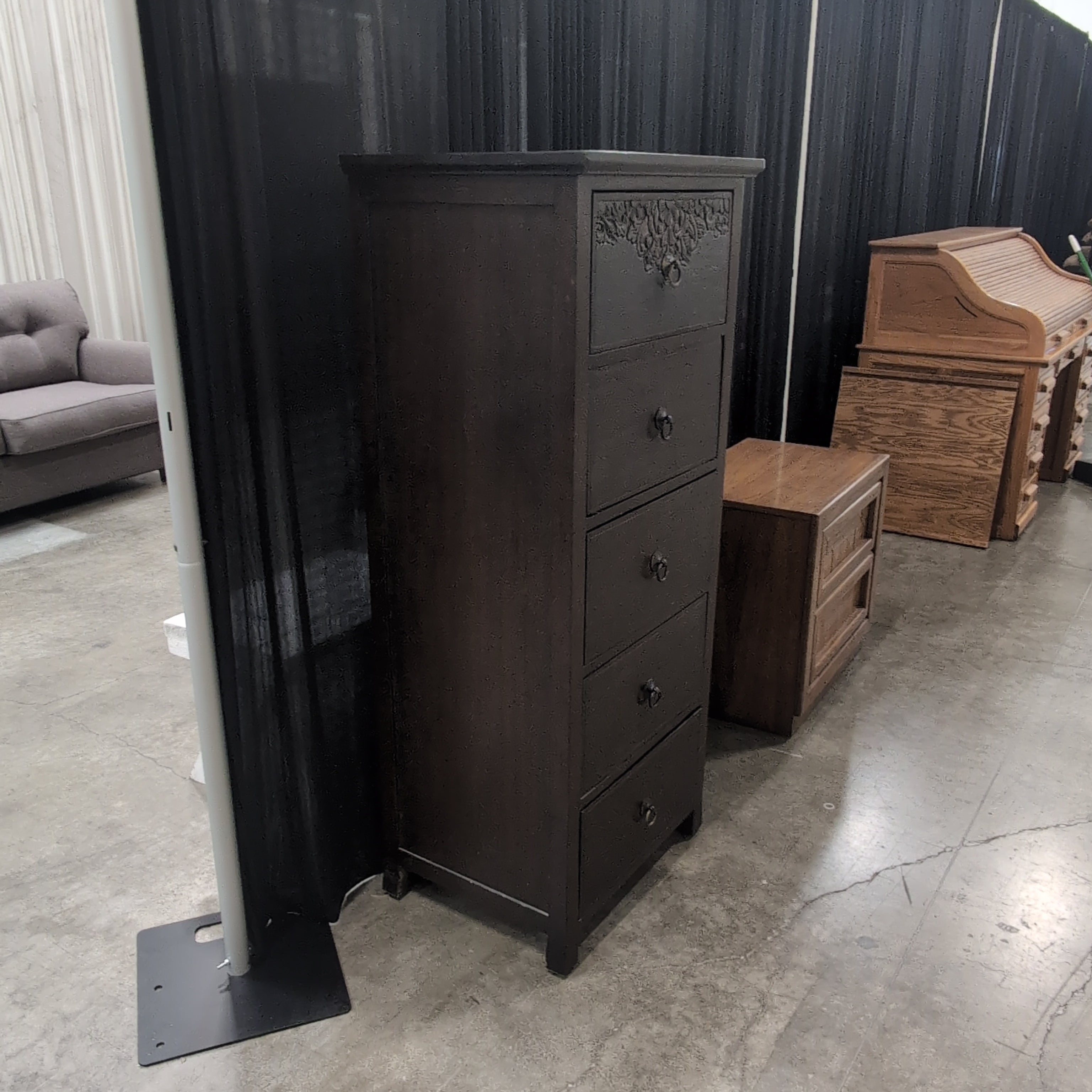 Dark Brown Wood Five-Drawer Dresser with Carved Top