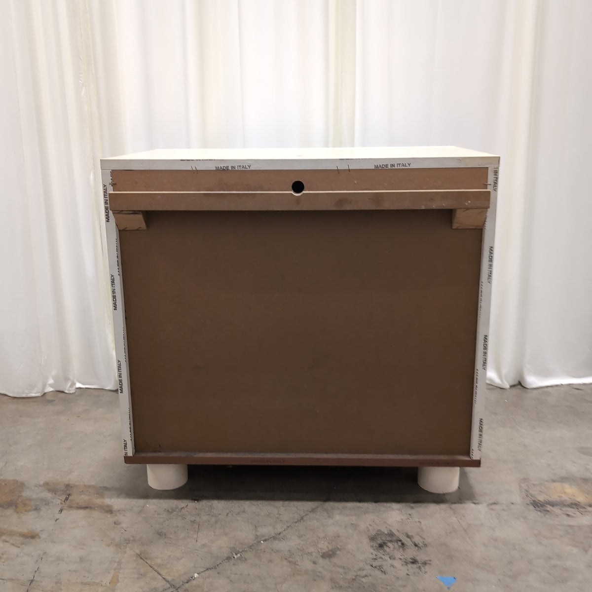Light Burlwood Pattern Three-Drawer Nightstand with Gold Pulls