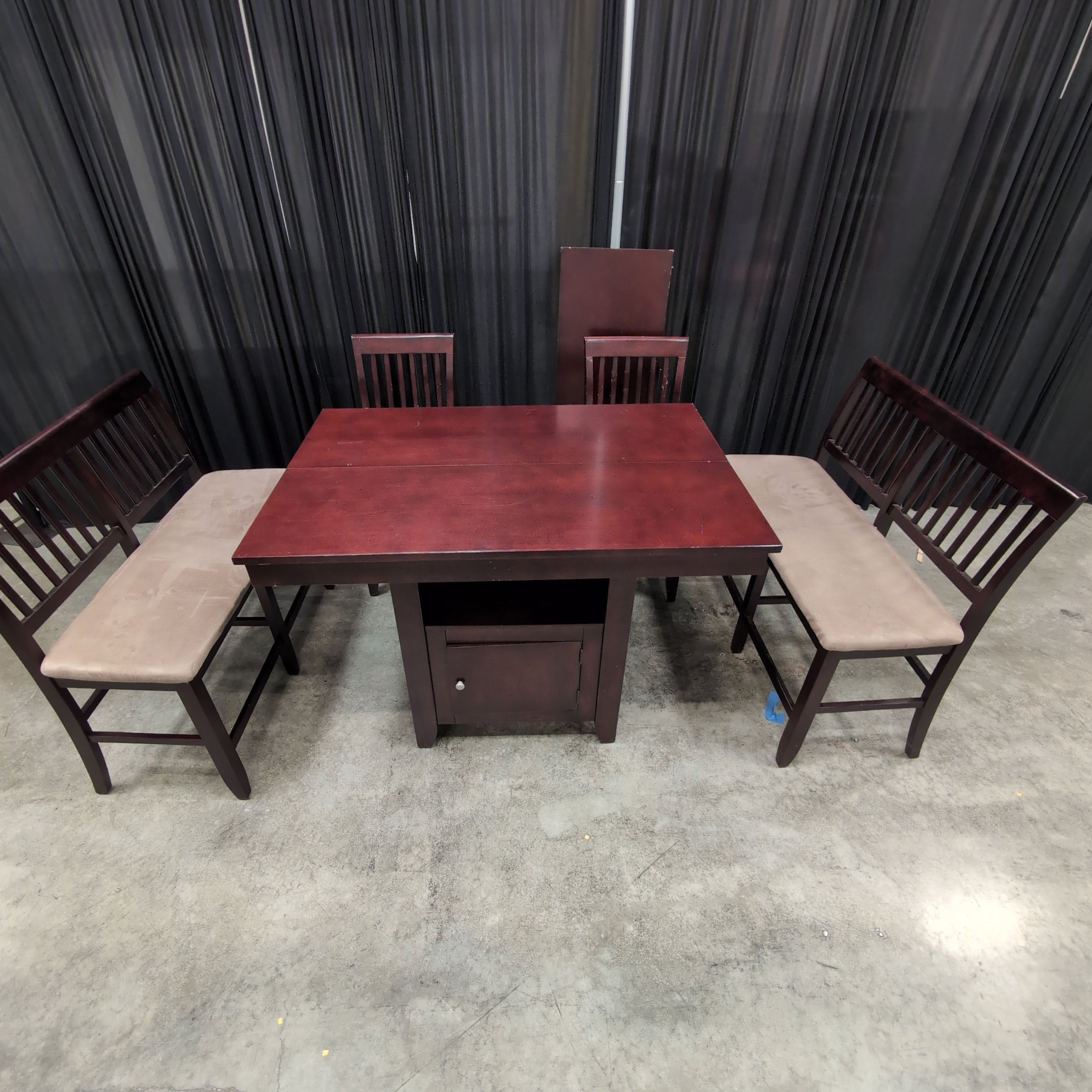 Dark Brown Counter-Height Dining Table with Storage Base and Four Chairs