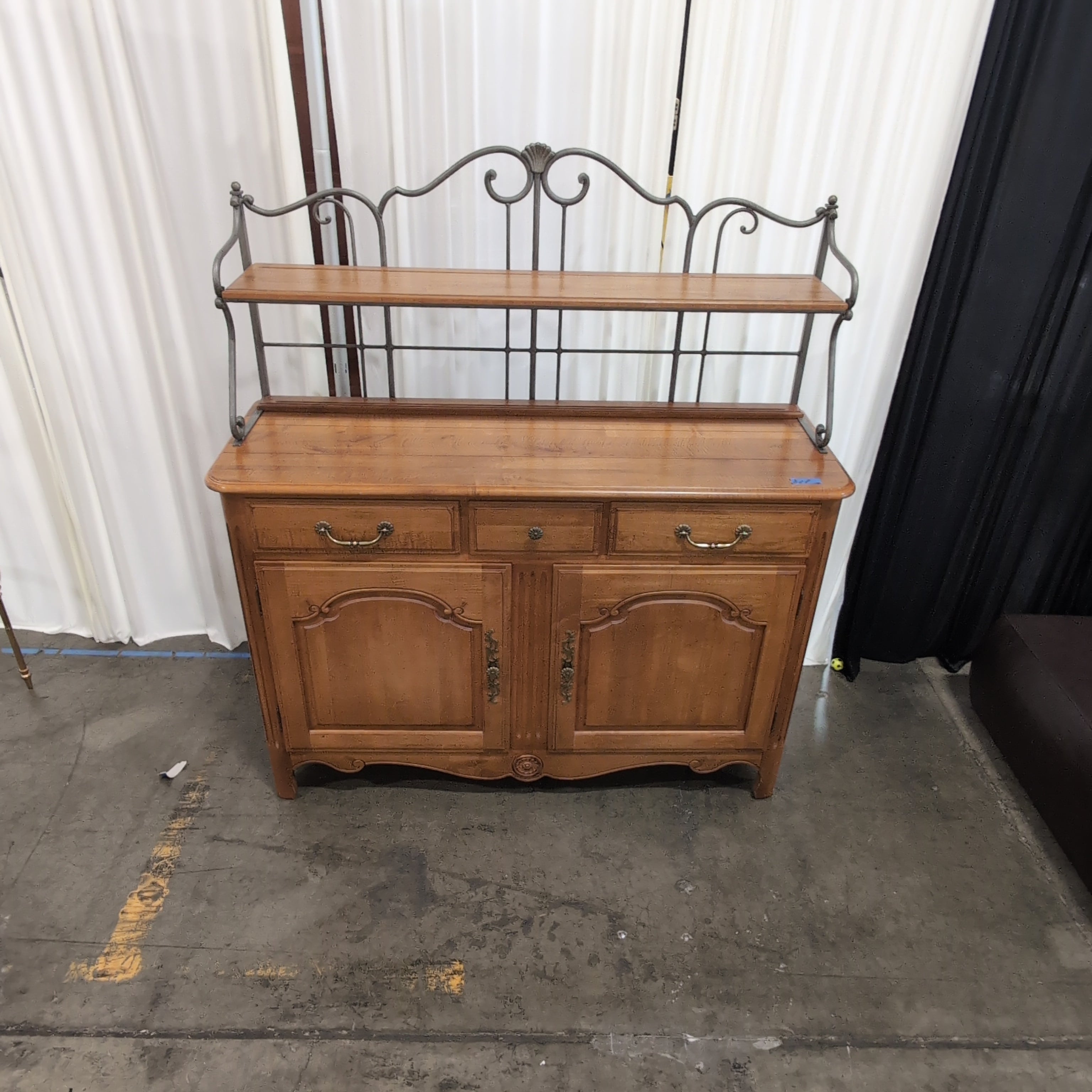 French Provincial Style Wood Buffet with Metal Hutch