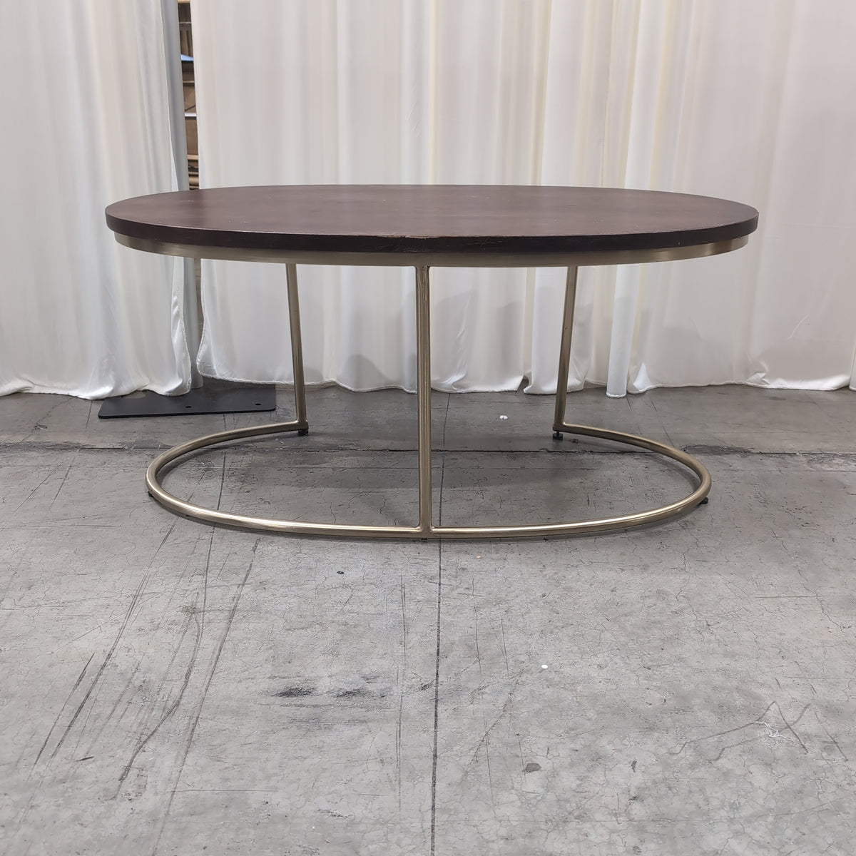 Oval Dark Wood Coffee Table with Gold Metal Base