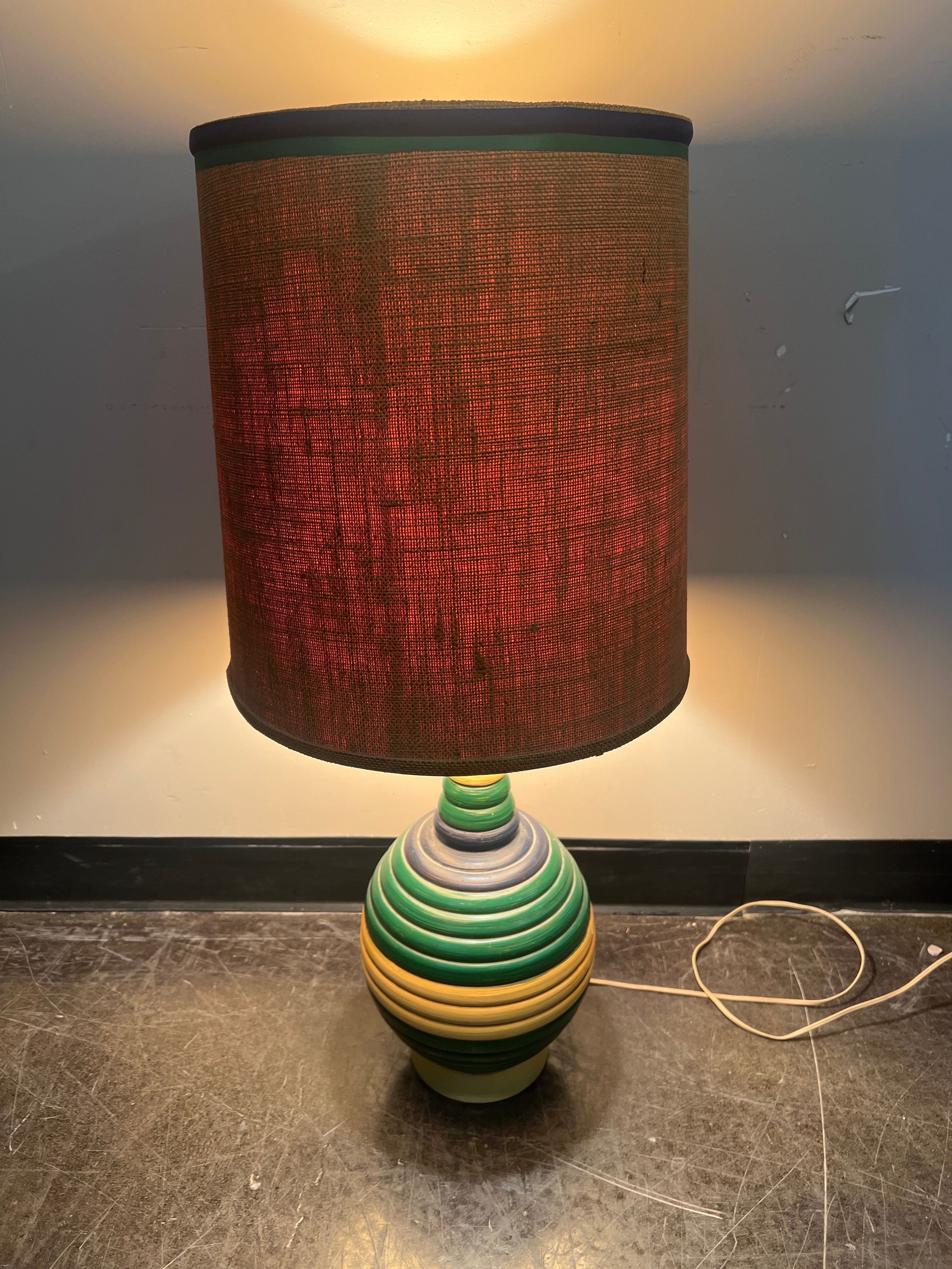 Mid-Century Modern Table Lamp with Striped Ceramic Base
