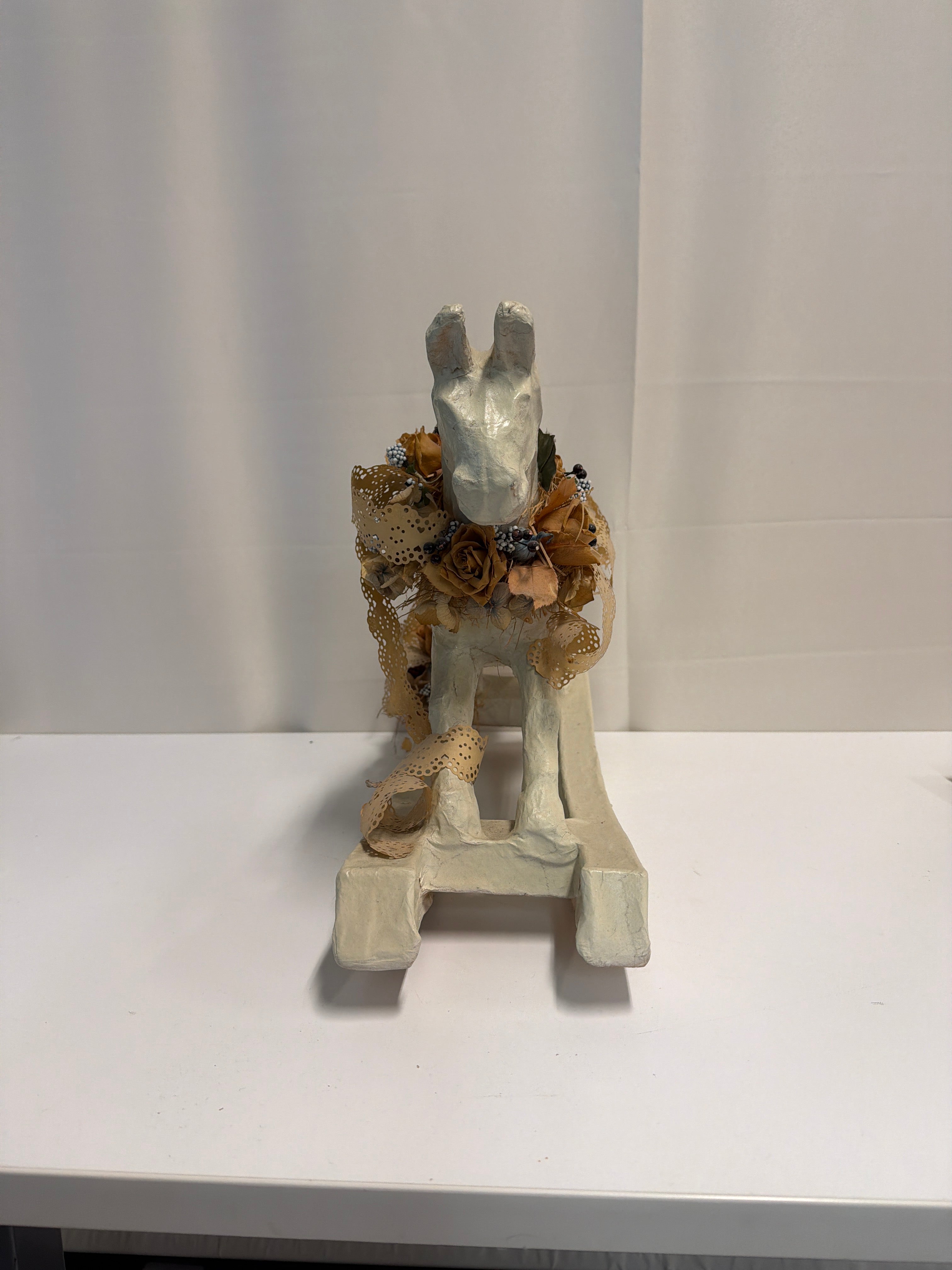 Cream Papier-Mache Decorative Rocking Horse with Lace