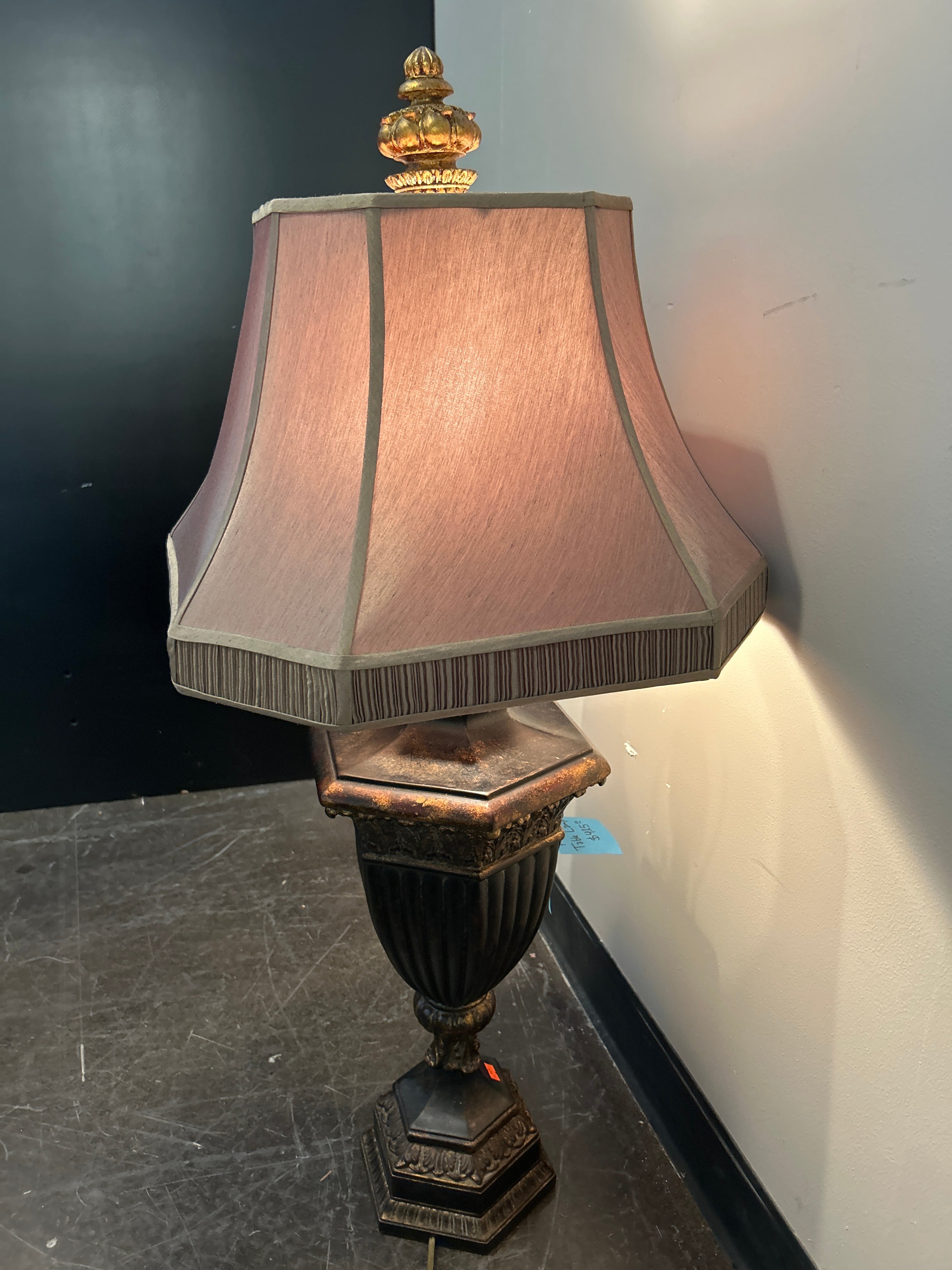 Antique-Style Metal Table Lamp with Mauve Lampshade