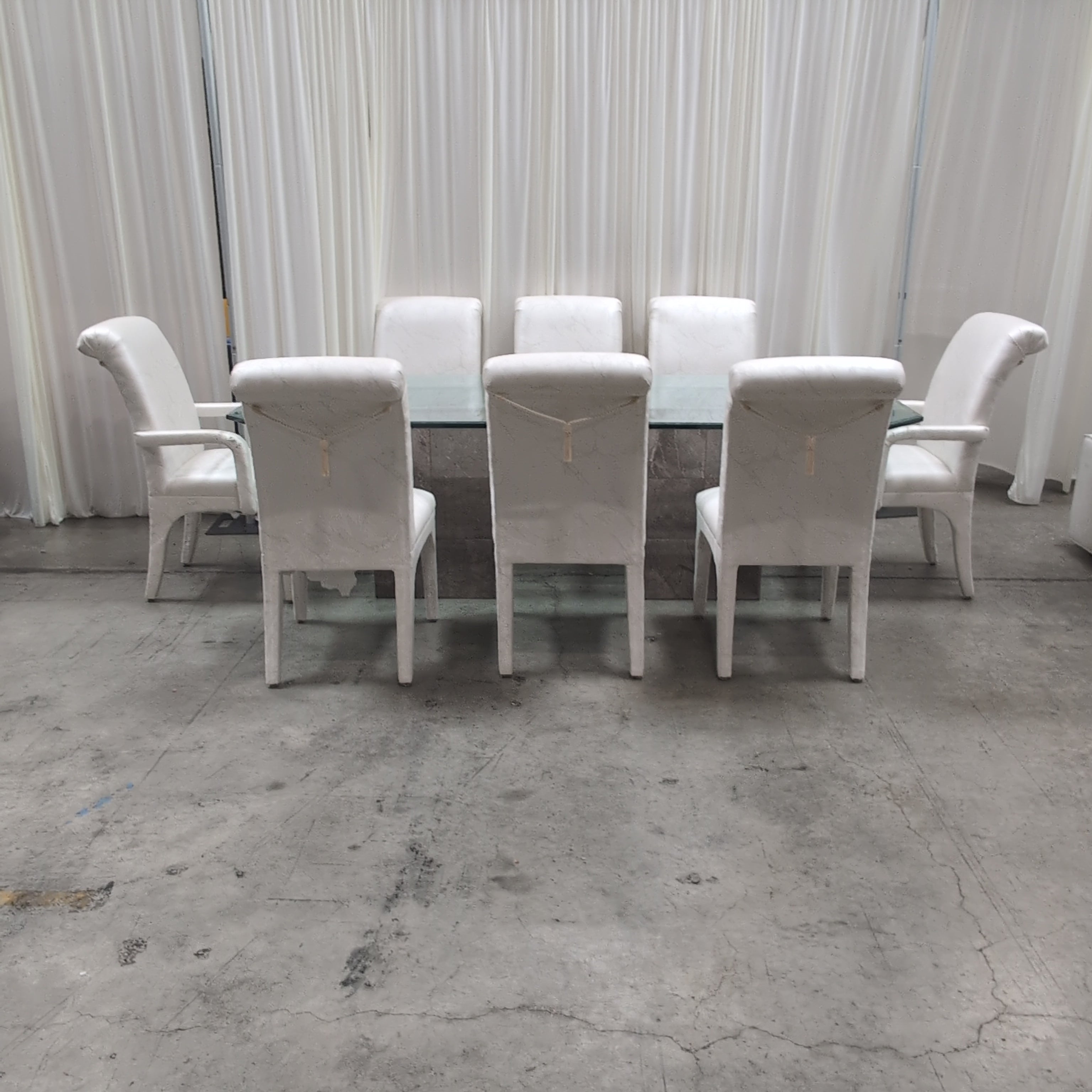 Glass Top Stone Base Dining Table with Eight Upholstered Chairs