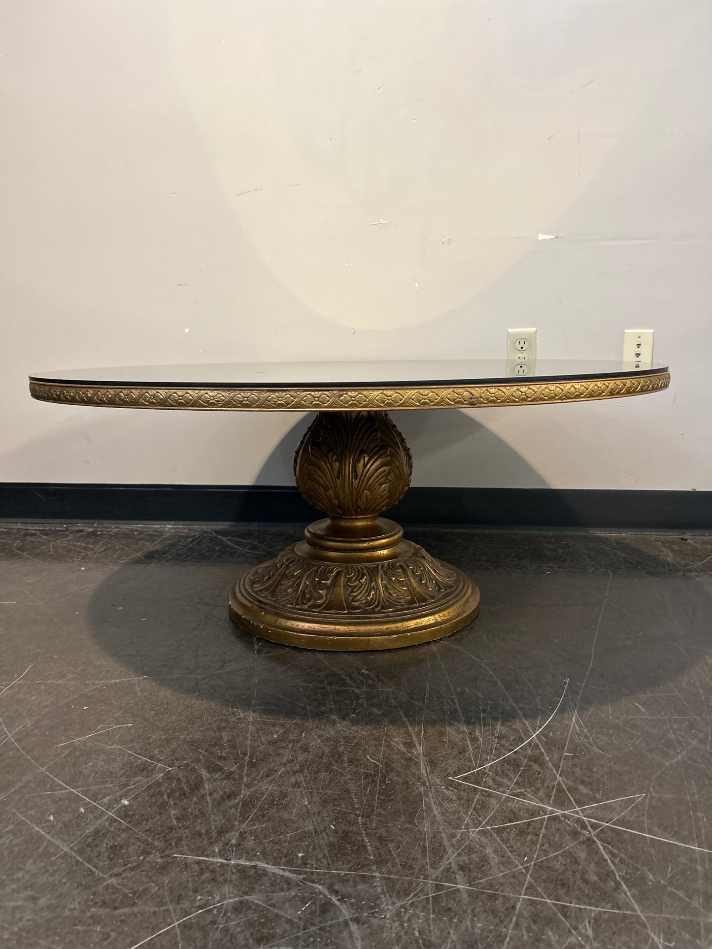 Gold Mirrored Round Coffee Table with Etched Design