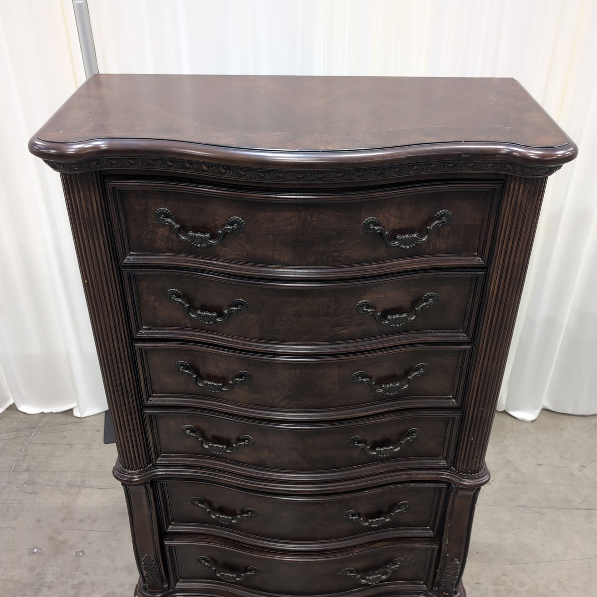 Traditional Dark Wood Tall Six-Drawer Dresser with Ornate Hardware