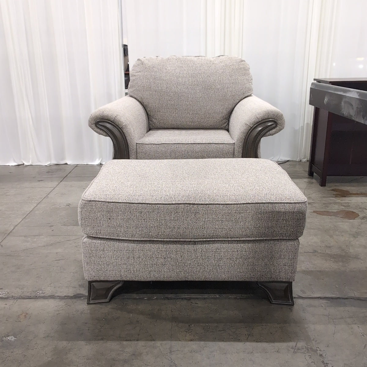 Traditional Tan Fabric Armchair with Wood Trim