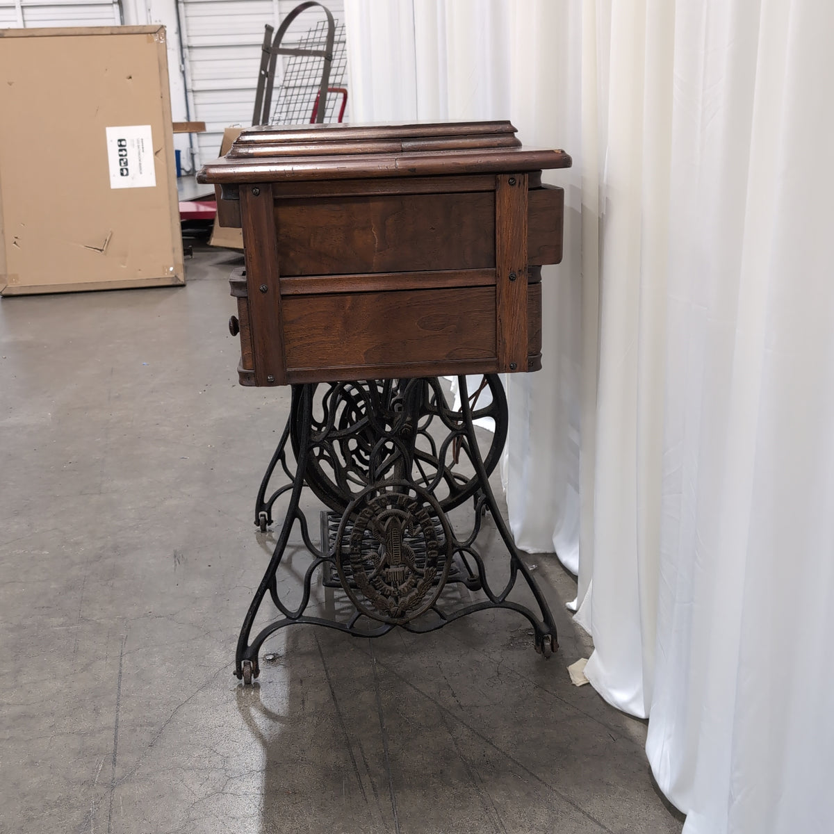 Vintage Wood Cabinet Sewing Machine with Cast Iron Base