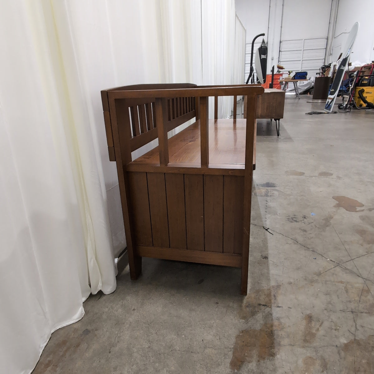 Medium Brown Wood Storage Bench with Slatted Back