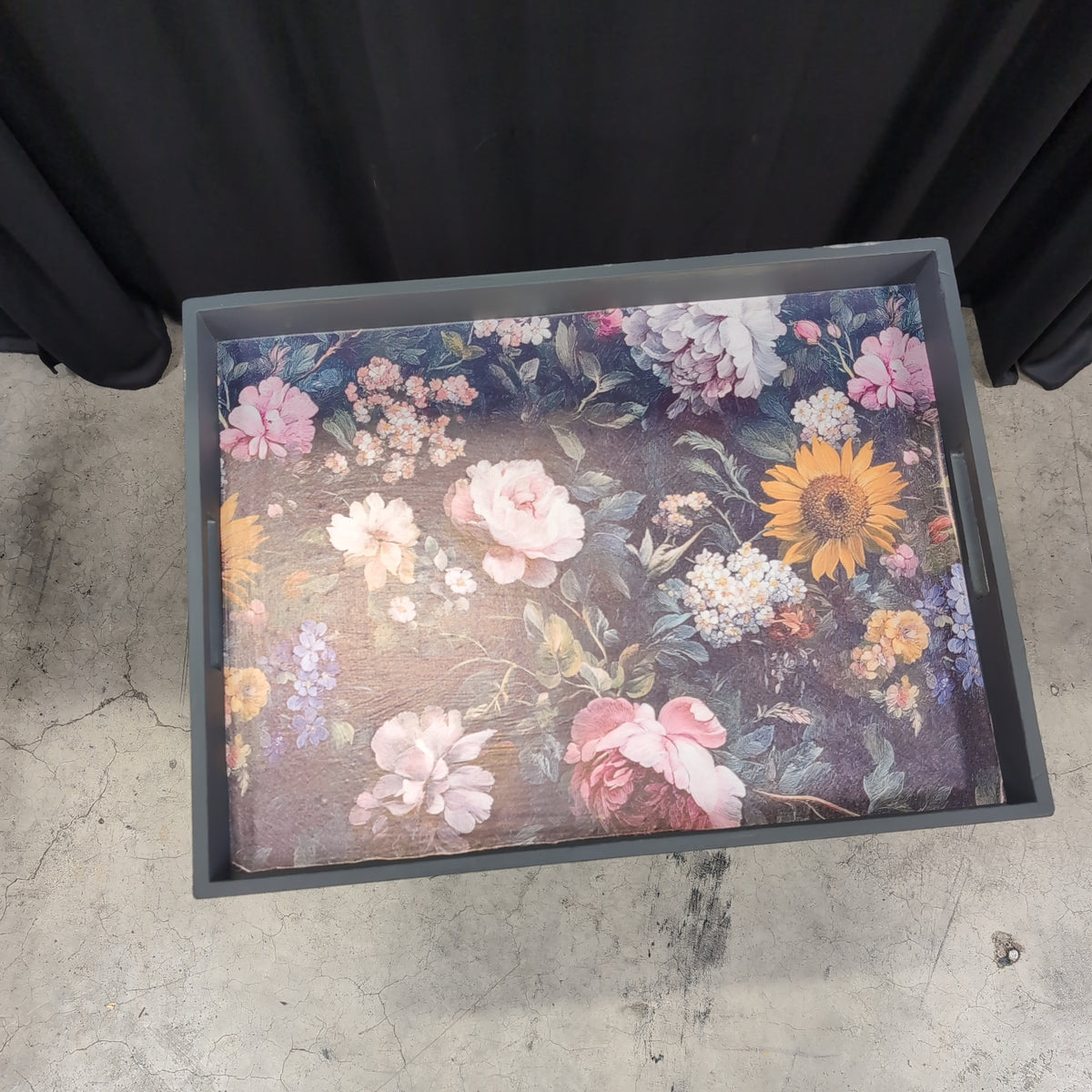 Pair of Black Folding TV Tray Tables with Floral Tops