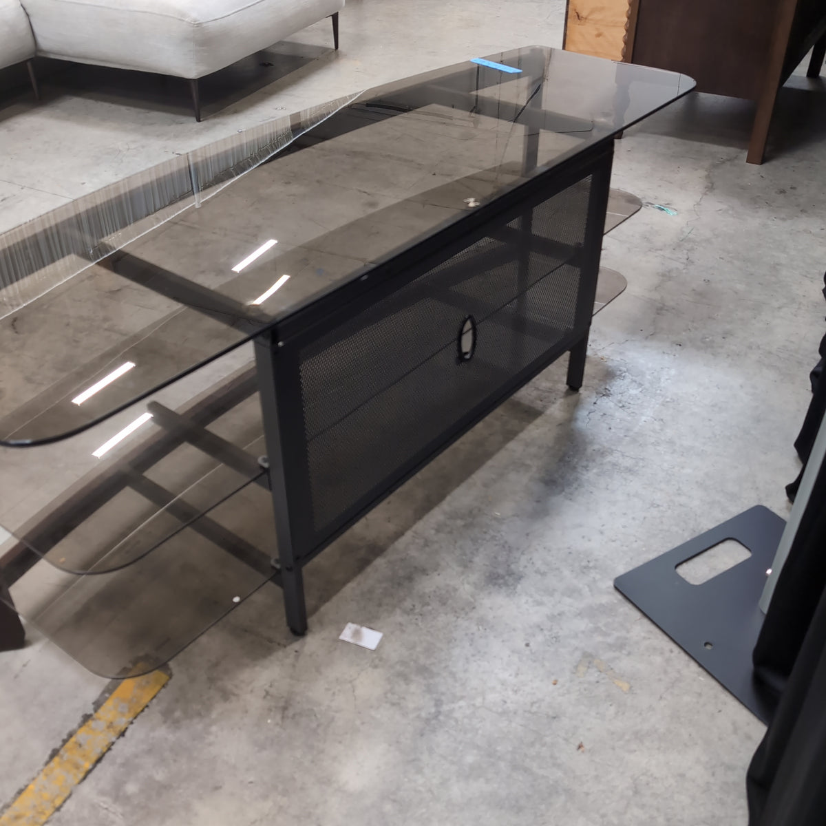 Dark Wood Curved Front Three-Tier TV Stand with Glass Shelves