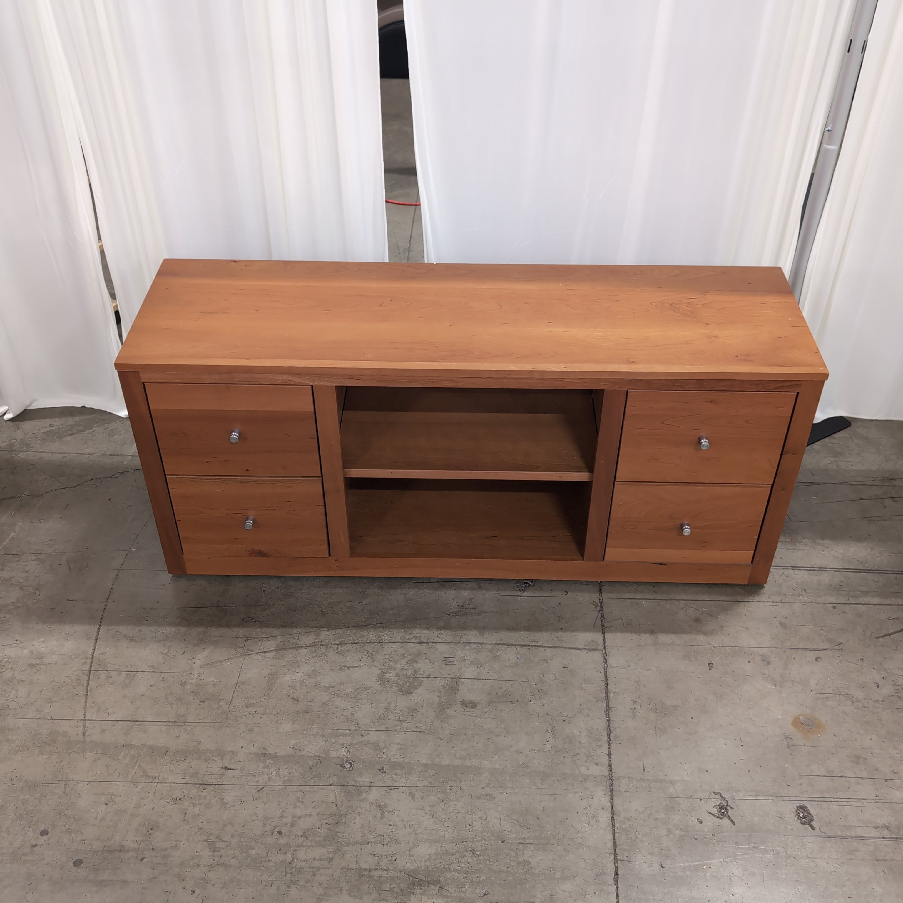 Brown Hardwood Long TV Stand with Silver Hardware