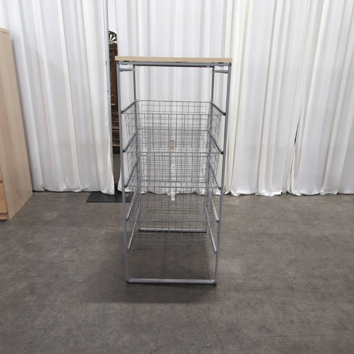 Light Wood Top Nightstand with Two Wire Baskets