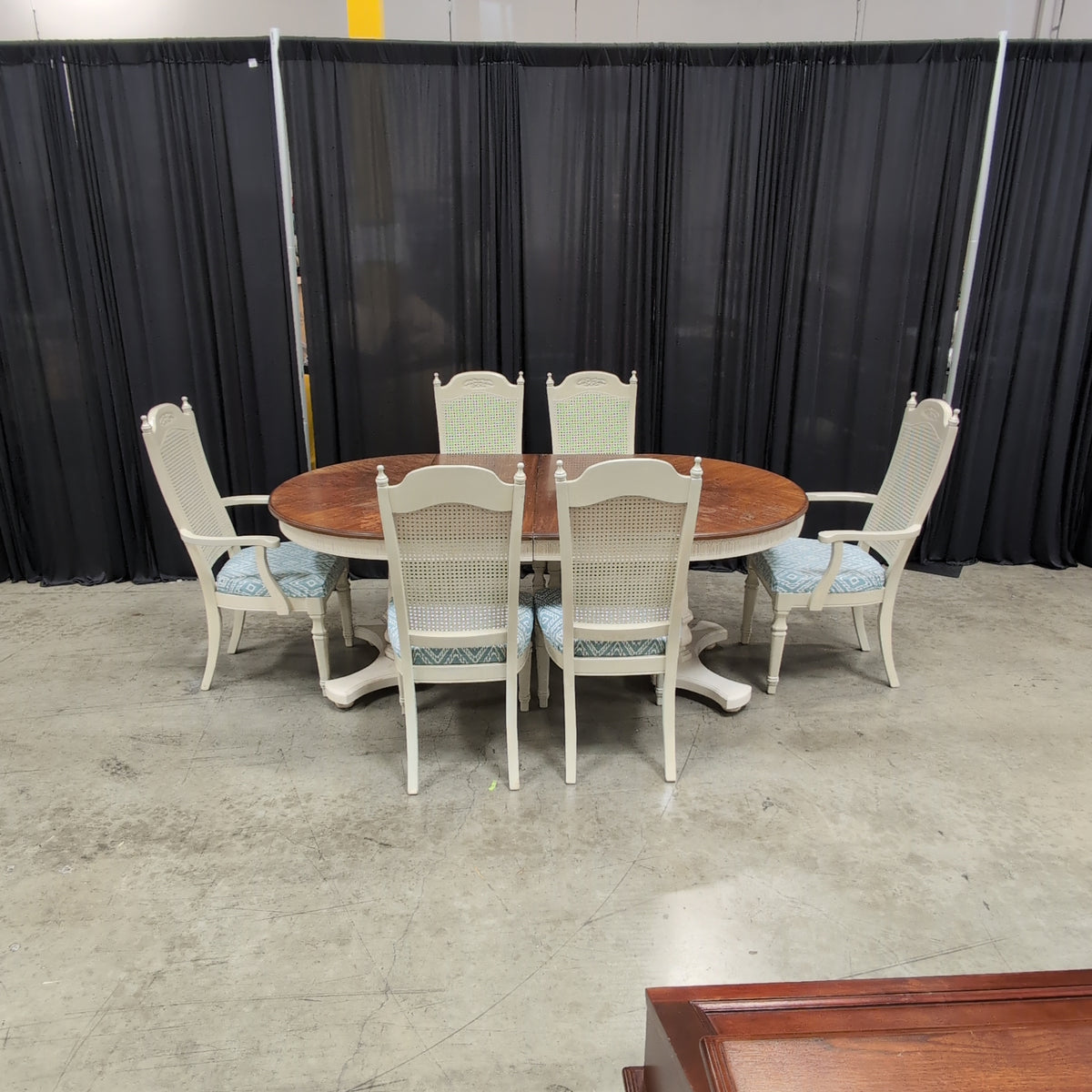 Cream Painted Pedestal Dining Table with Cane Back Chairs