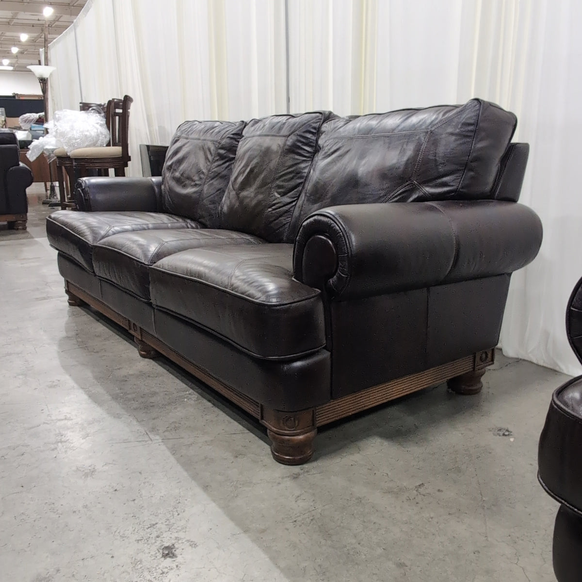 Dark Brown Leather Three-Seat Couch with Rolled Arms