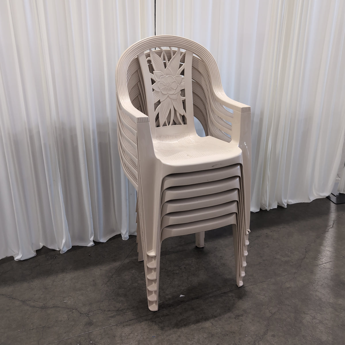 Set of Six White Plastic Stackable Outdoor Chair with Floral Backrest