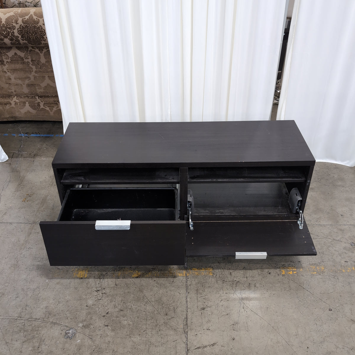 Dark Brown Wood TV Stand with Silver Hardware