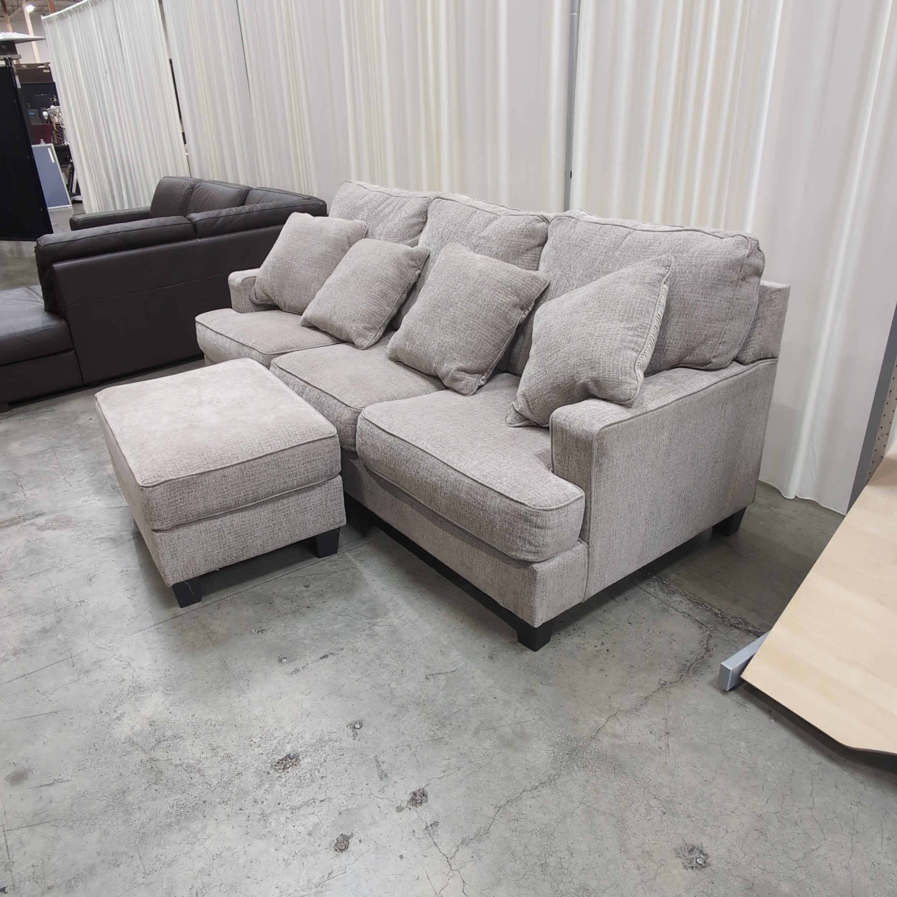 Light Grey Woven Fabric Three-Seat Couch with Storage Ottoman