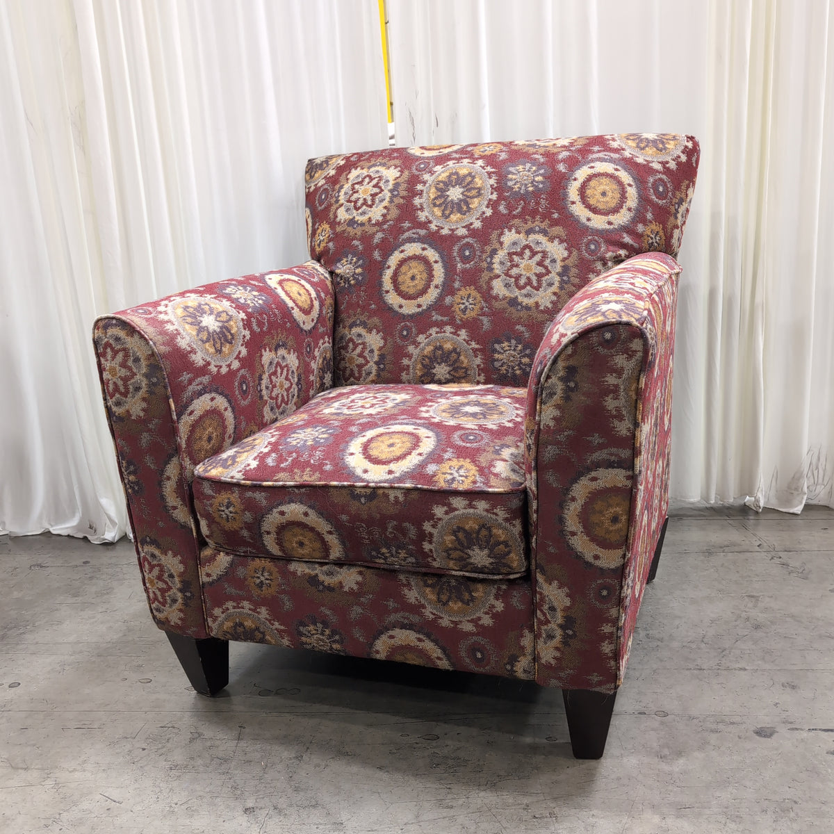 Burgundy Medallion Pattern Armchair with Rolled Arms