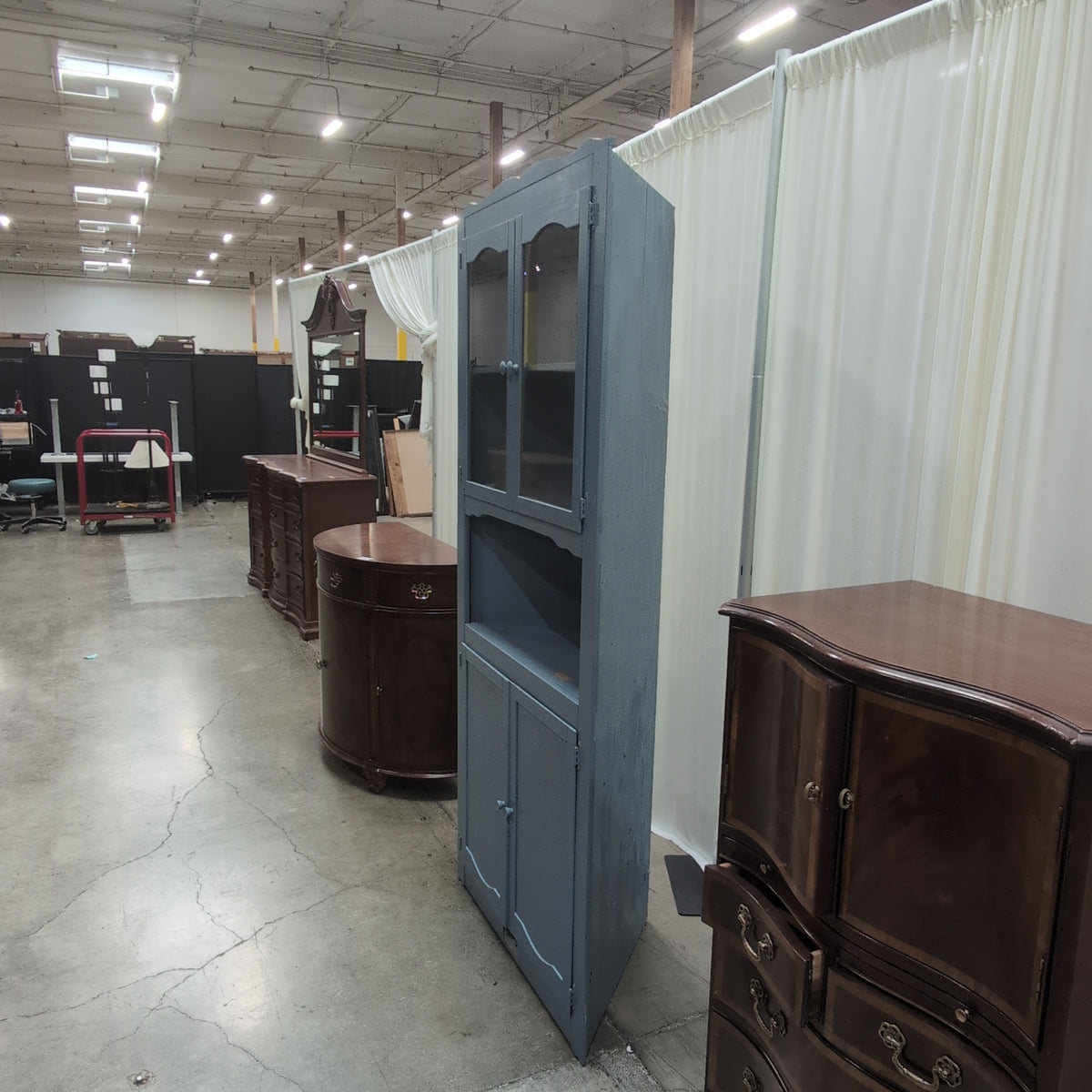 Painted Blue Corner China Cabinet with Glass Doors