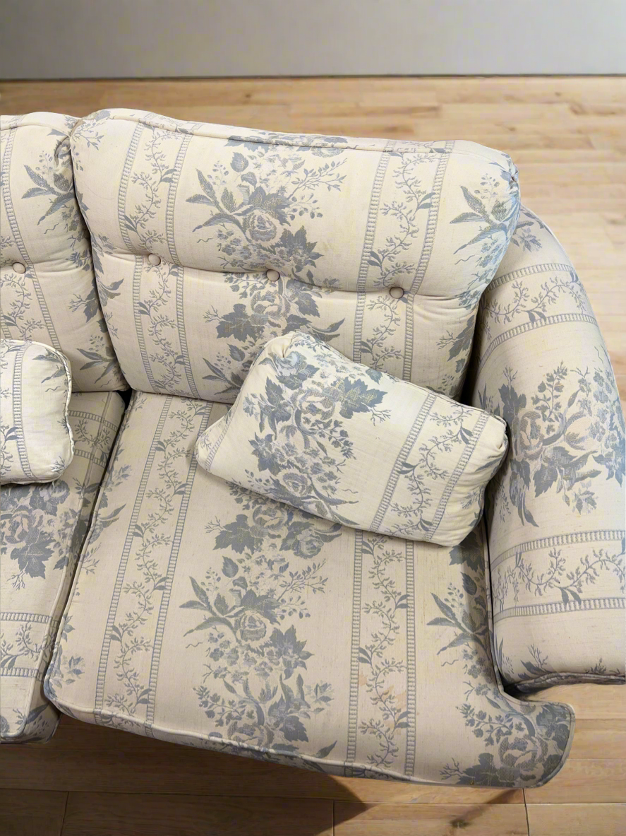 Traditional Three-Seat Sofa in Cream and Blue Floral Upholstery