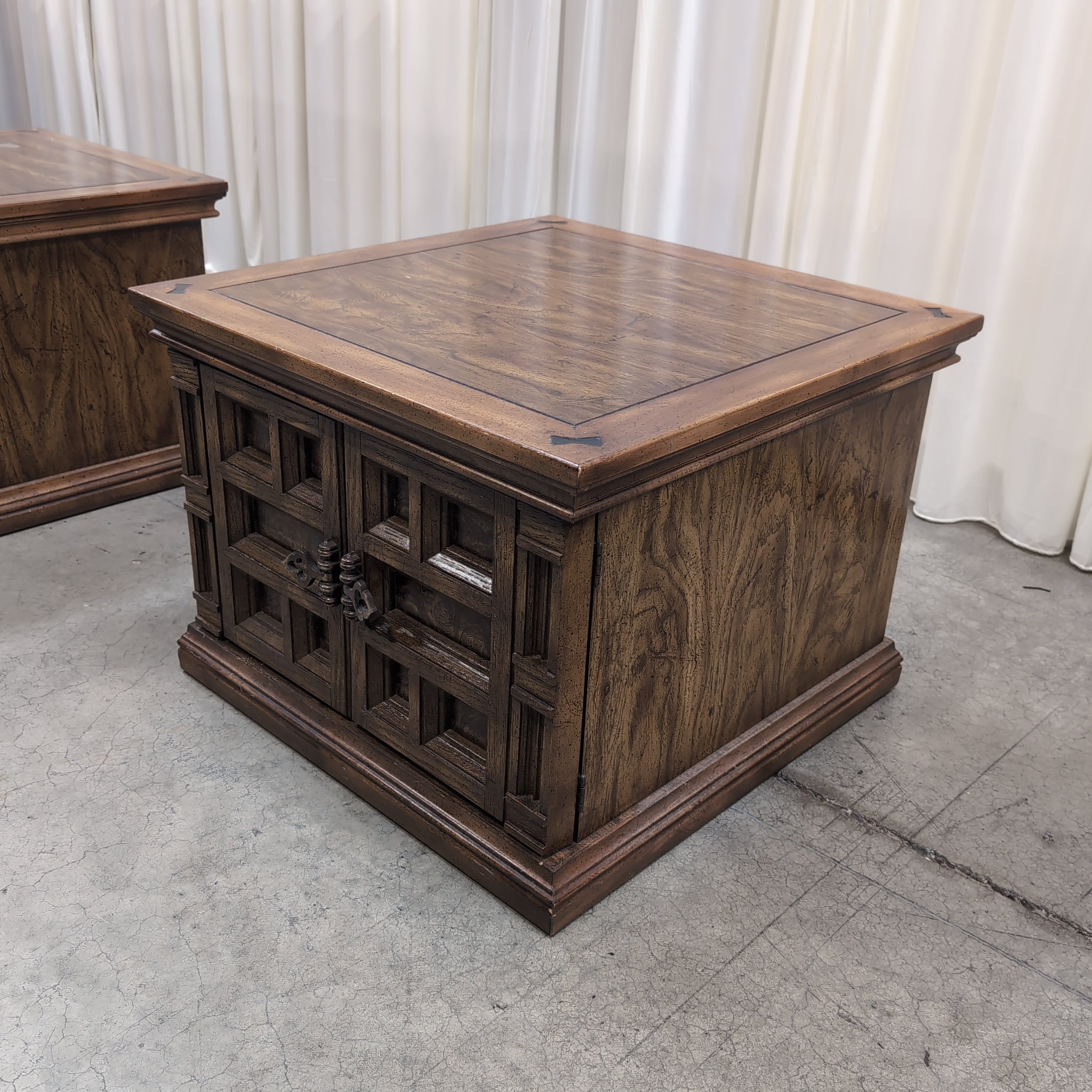 Vintage Carved Wood End Table with Cabinet Doors