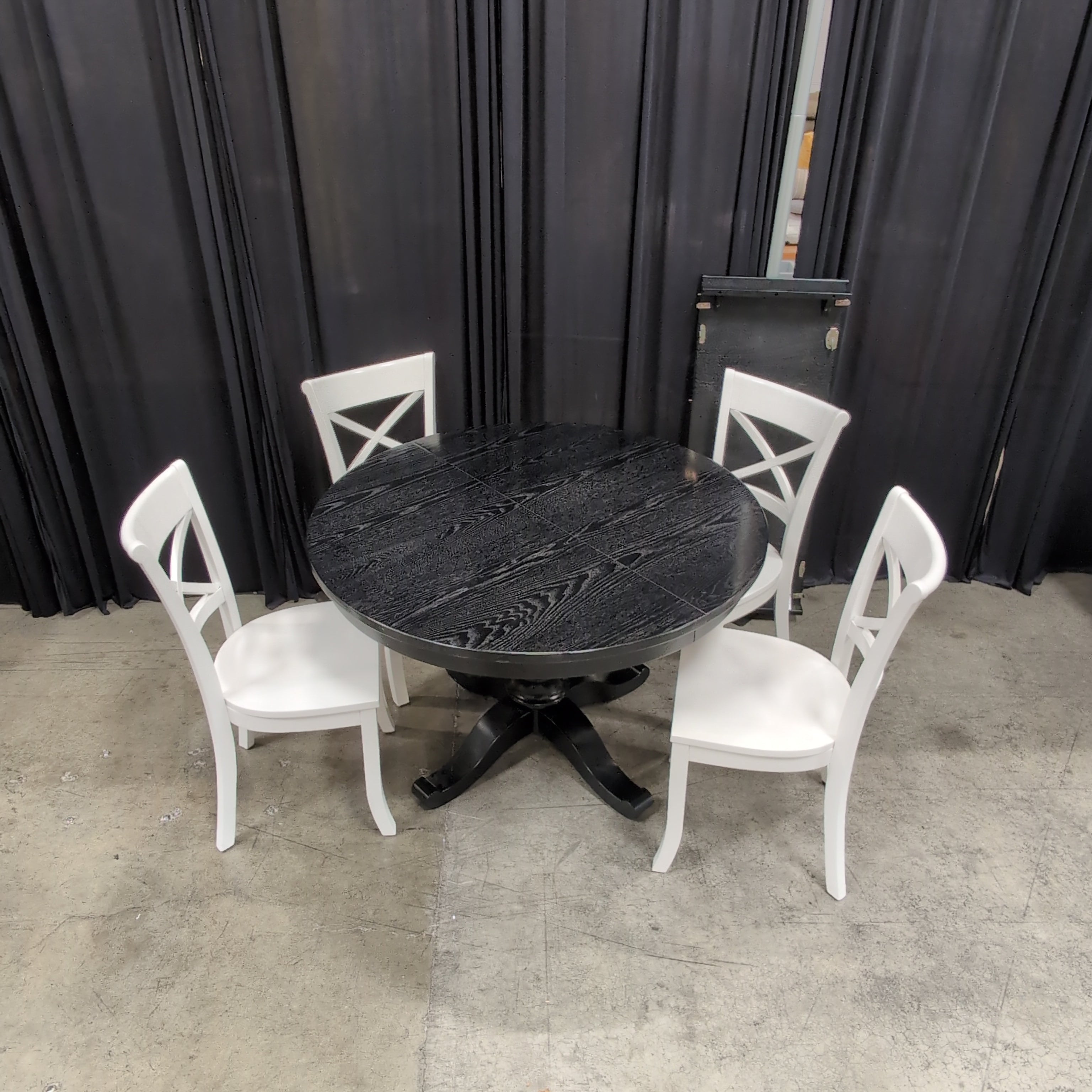 Crate & Barrel Dark Wood Round Pedestal Dining Table with Leaf & Four White Chairs
