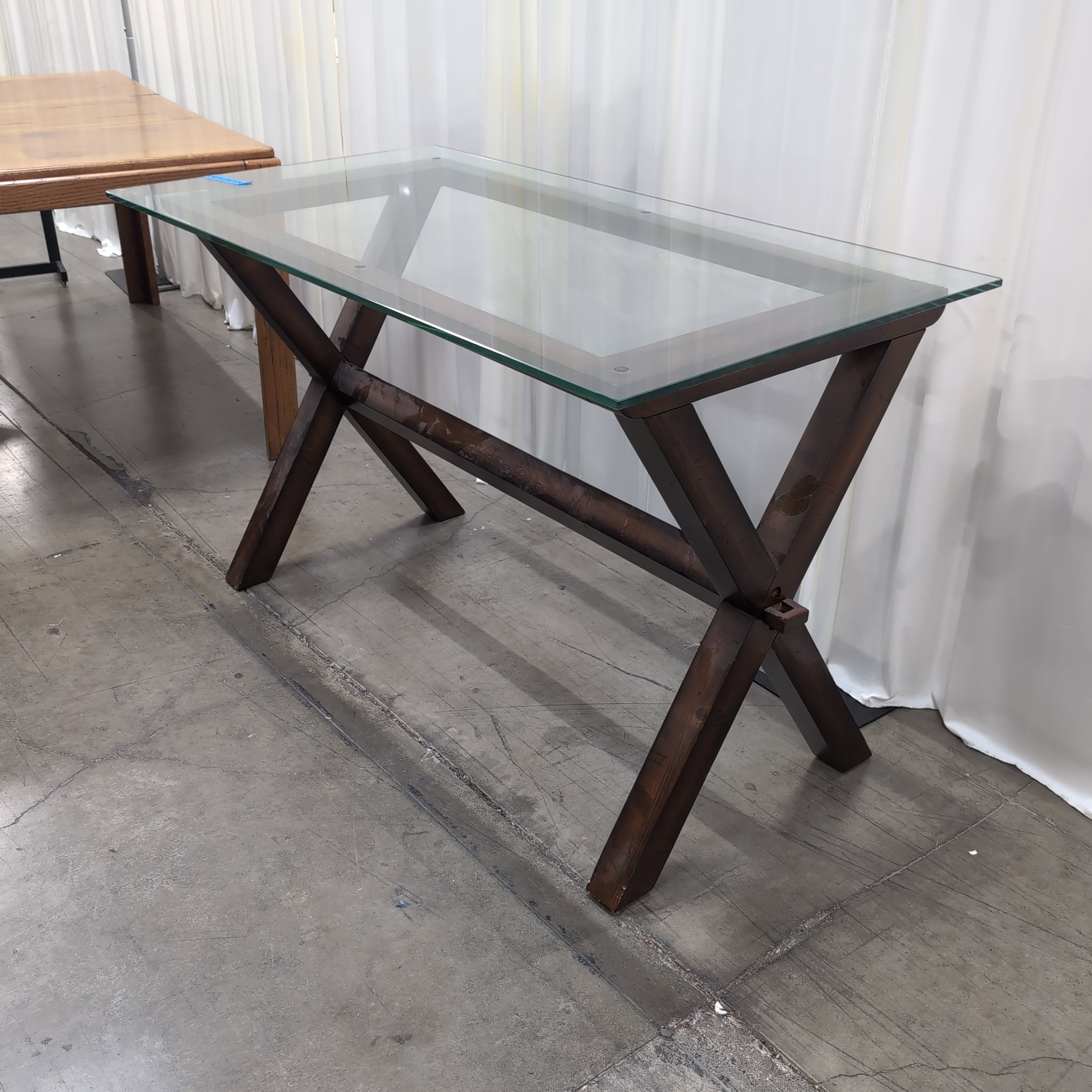 Dark Wood X-Base Console Table with Glass Top