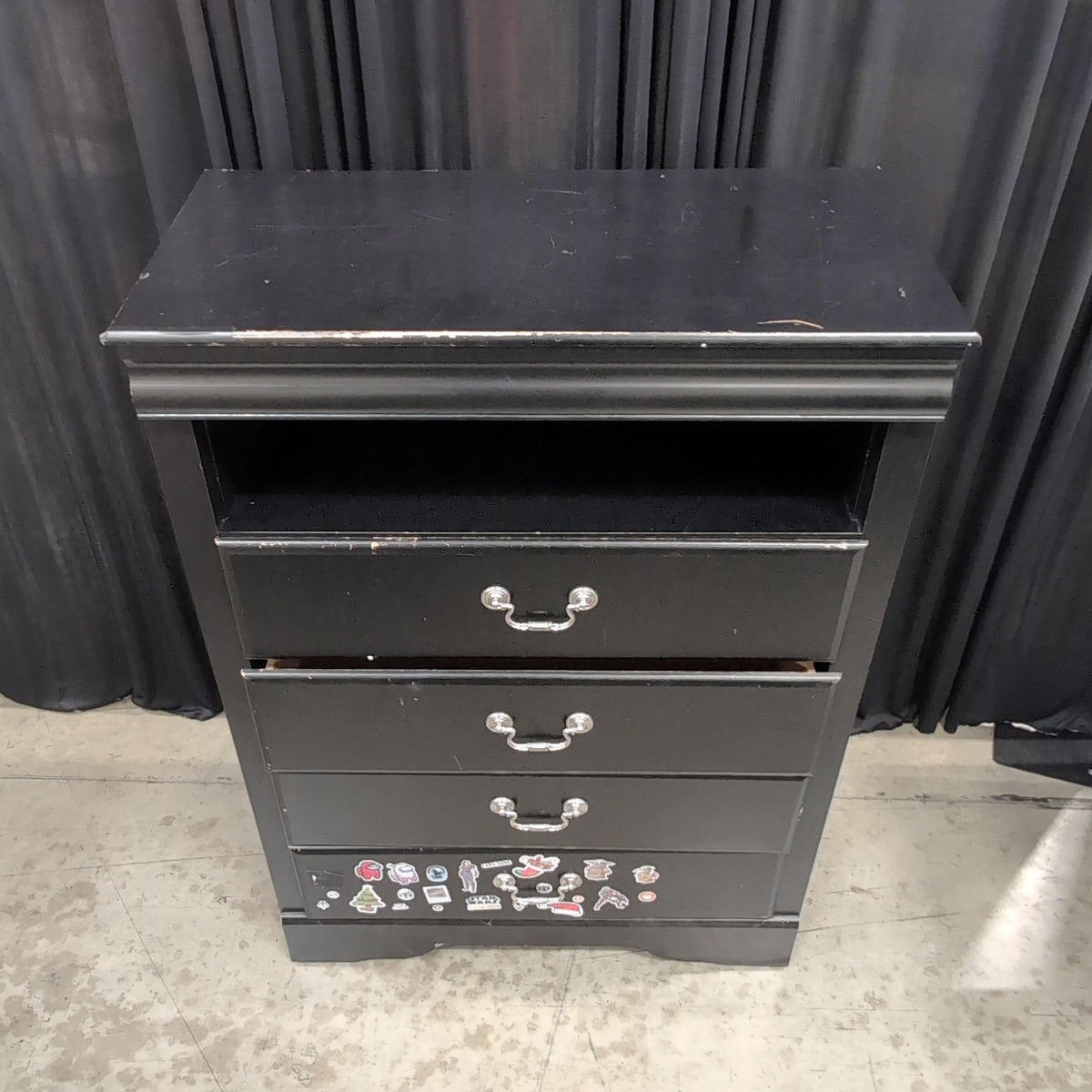Black Wood Nightstand with Ornate Pulls