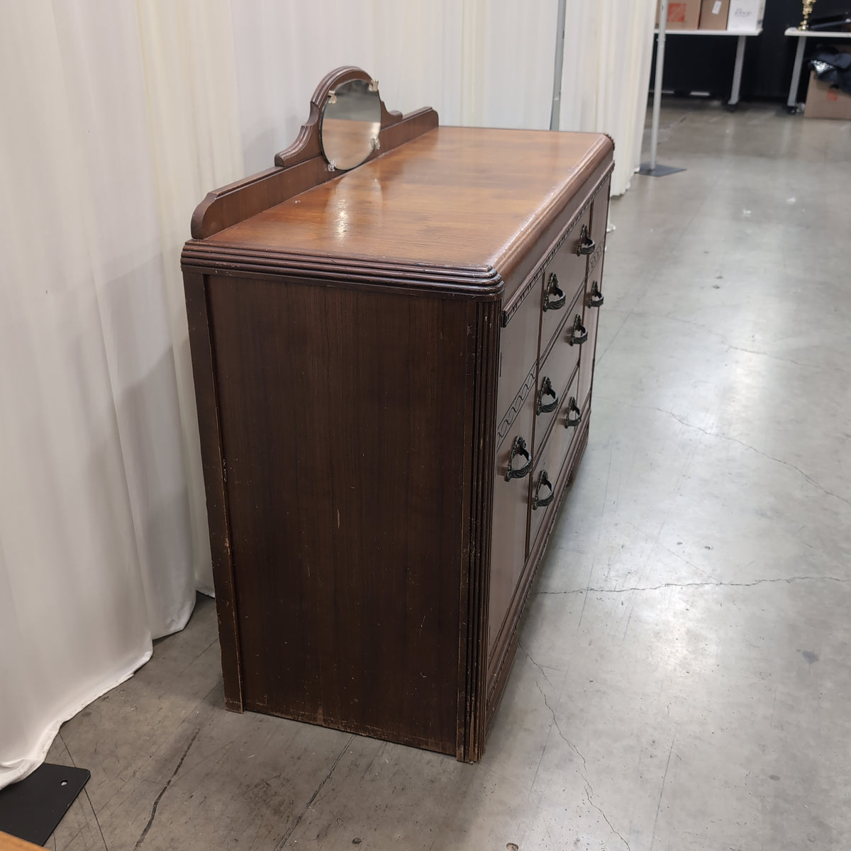 Brown Wood Art Deco Style Dresser with Attached Mirror