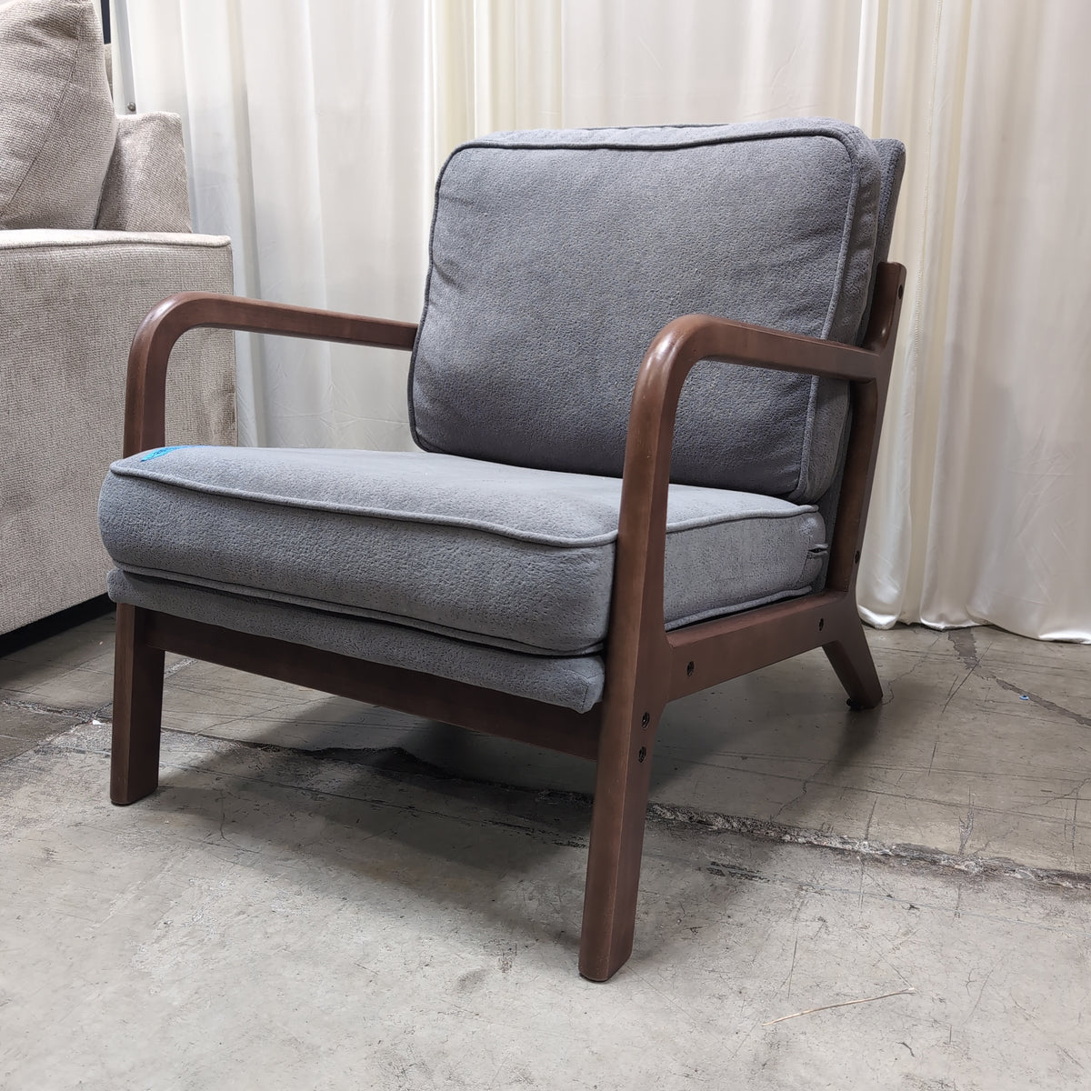 Mid-Century Style Gray Fabric Accent Chair with Wood Arms