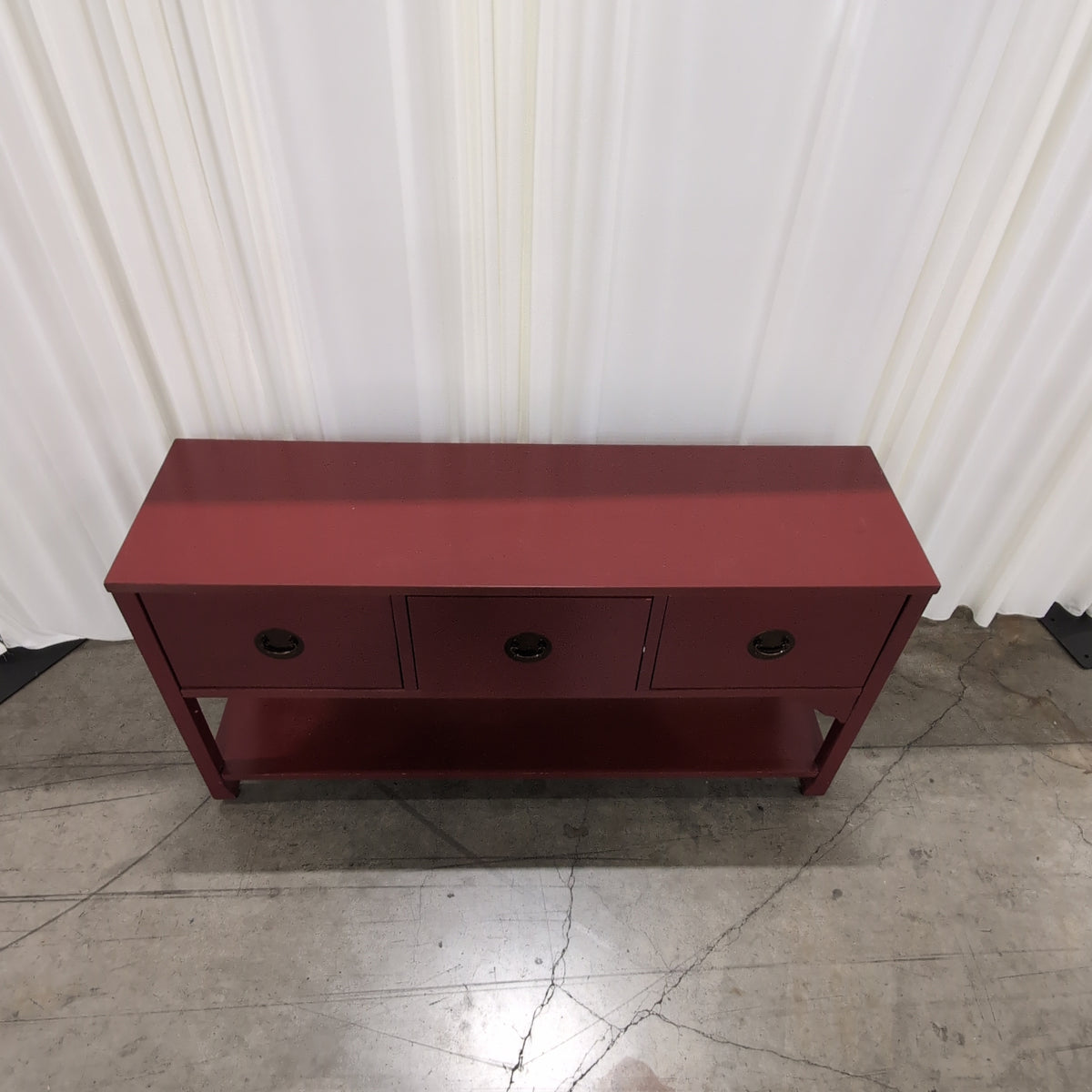 Red Wood Three-Drawer Console Table with Lower Shelf