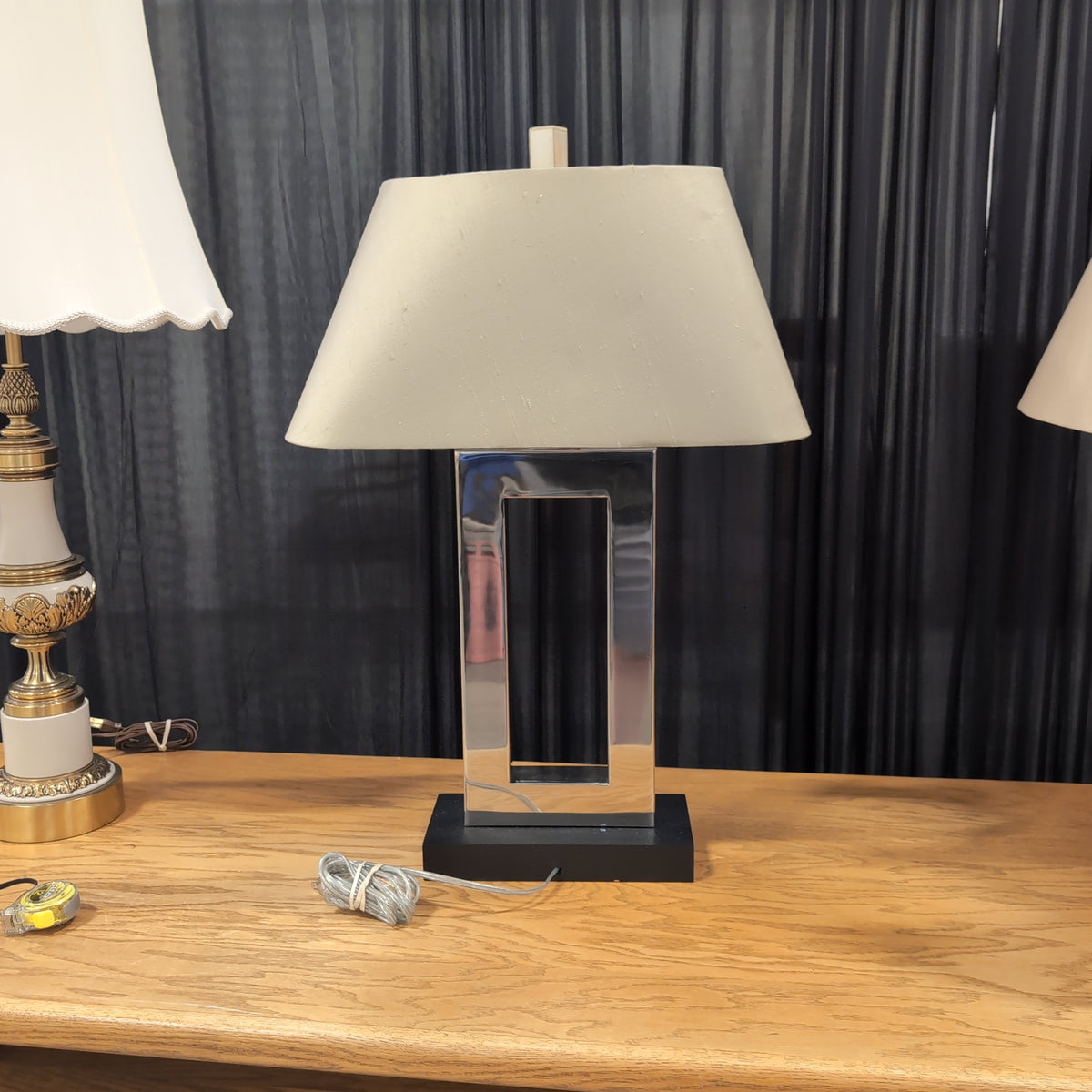Modern Chrome Table Lamp in Tan Fabric