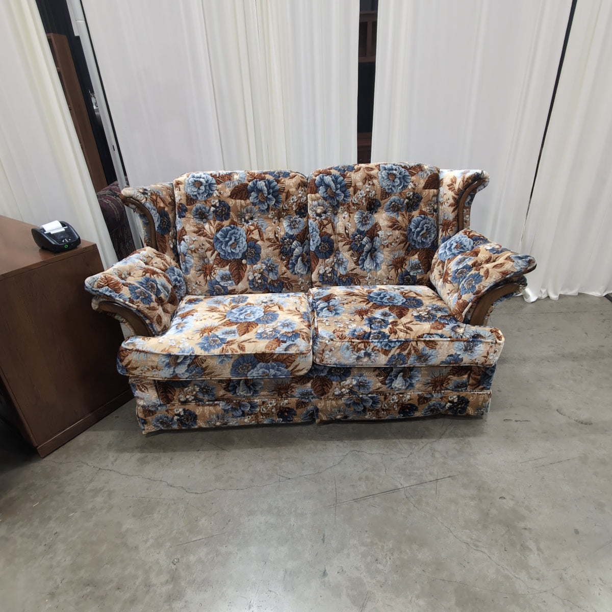 Vintage Floral Upholstered Couch with Wood Arms