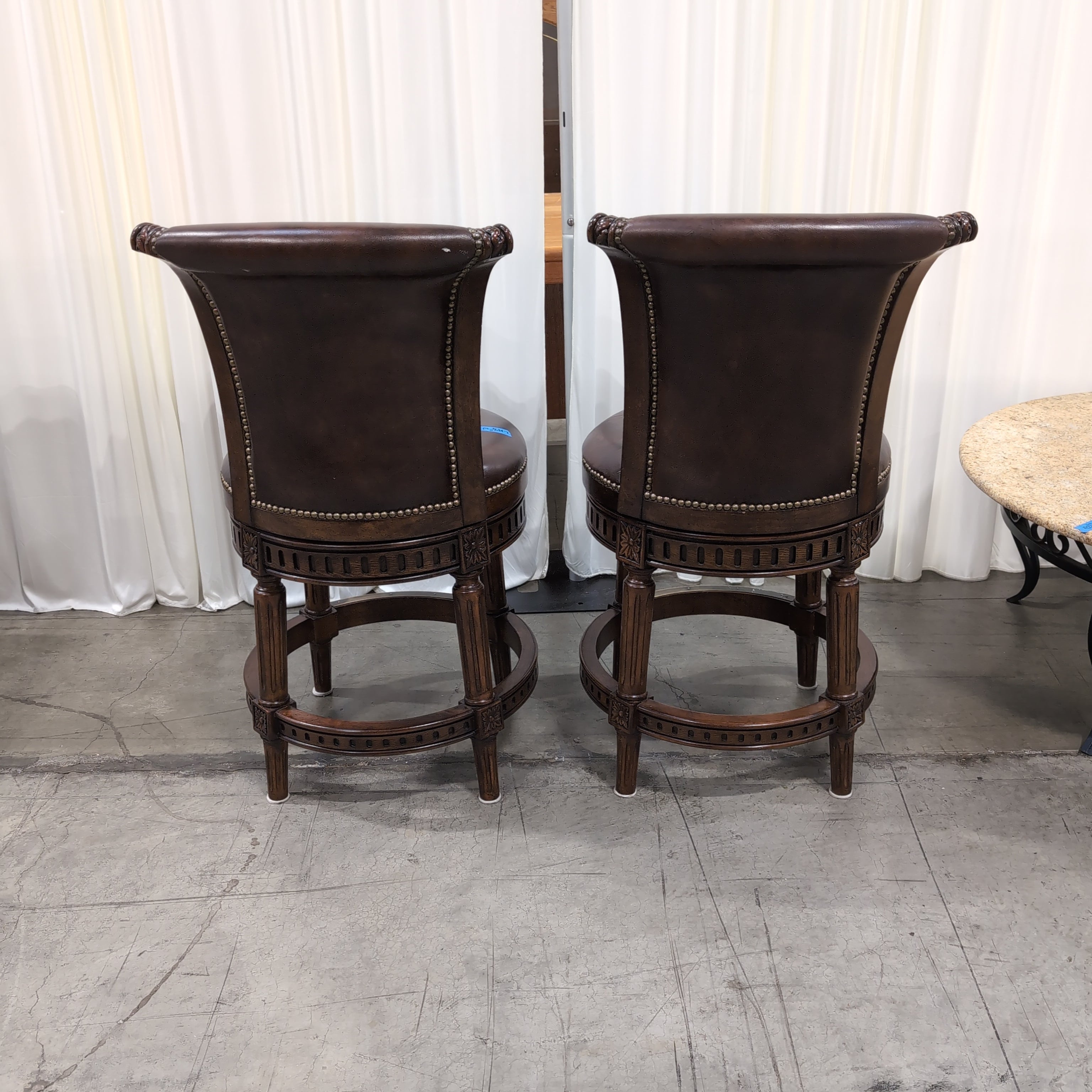 Pair of Dark Brown Upholstered Swivel Bar Stool with Nailhead Trim