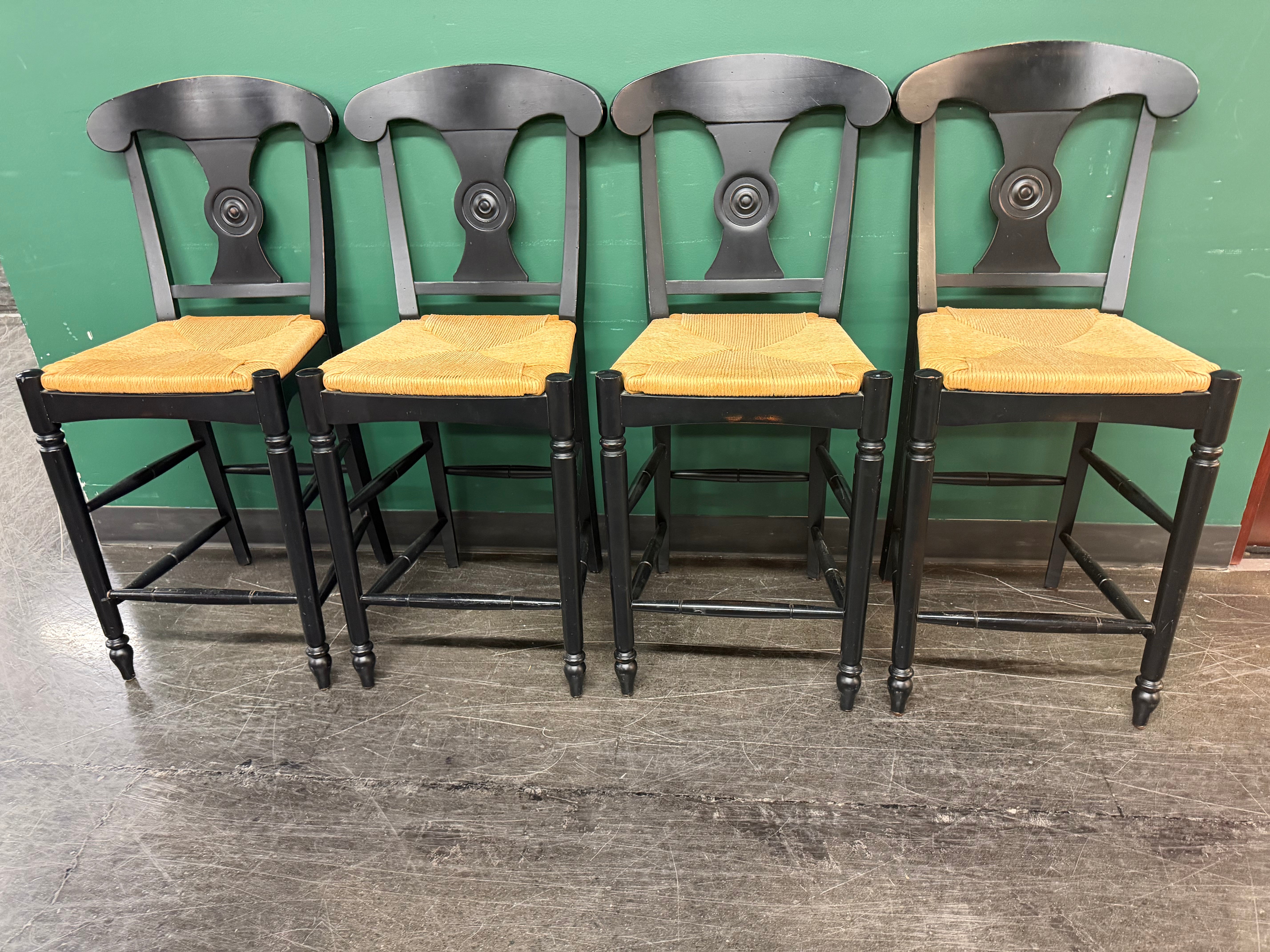 Ethan Allen Vintage French Country Rush Seat Bar Stools in Black, Set of Four