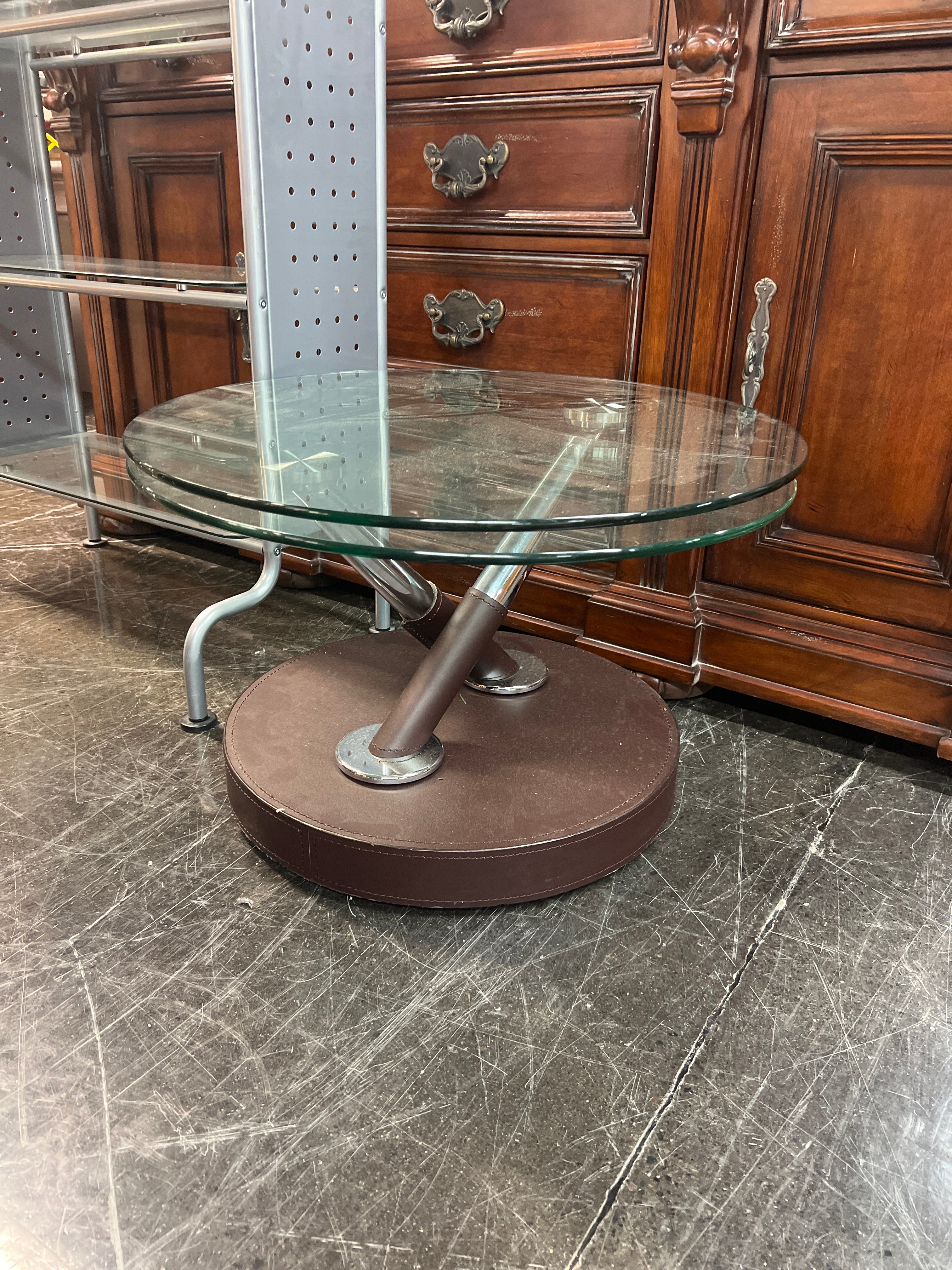 Modern Glass Coffee Table with Brown Leather Base