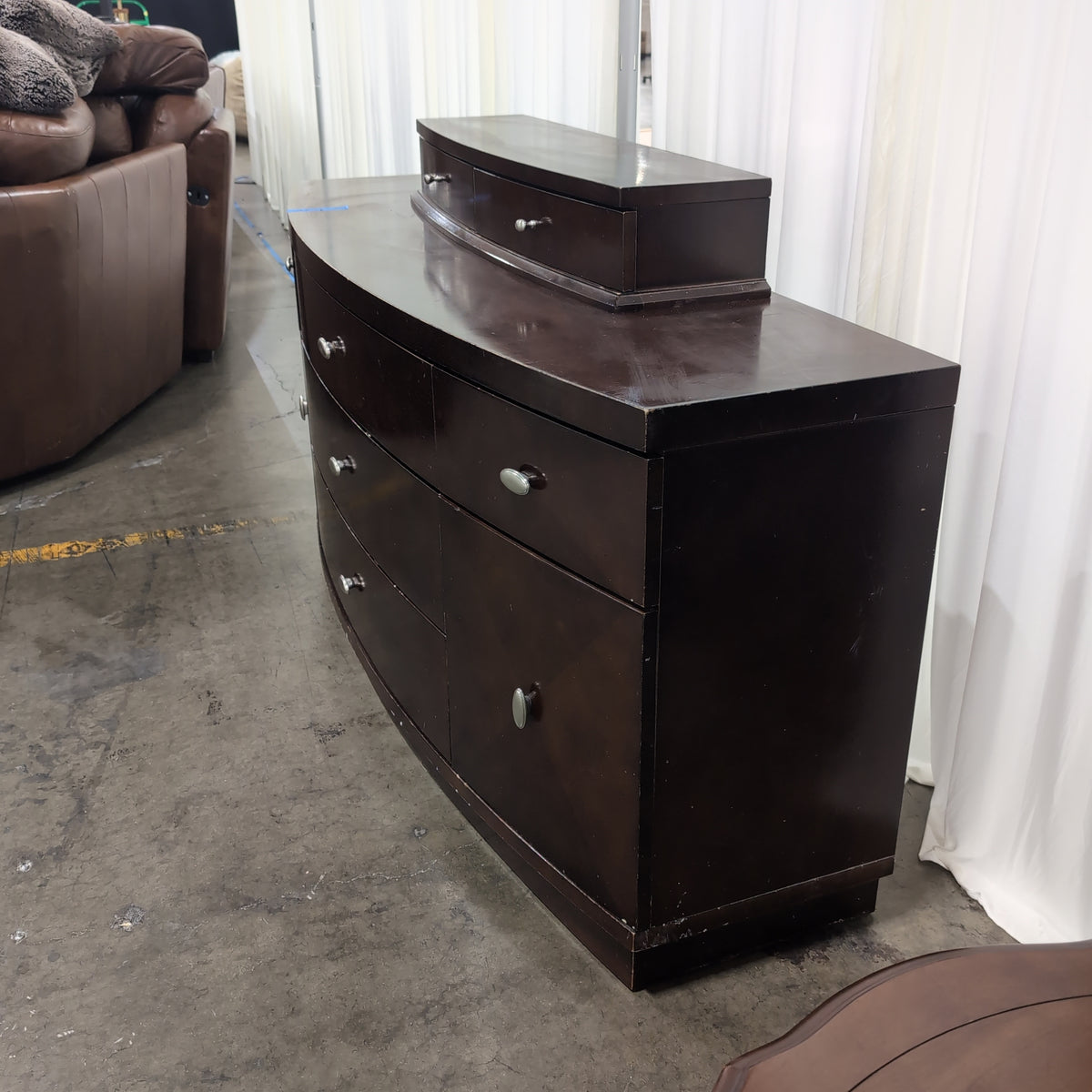Dark Brown Curved Front Seven-Drawer Dresser