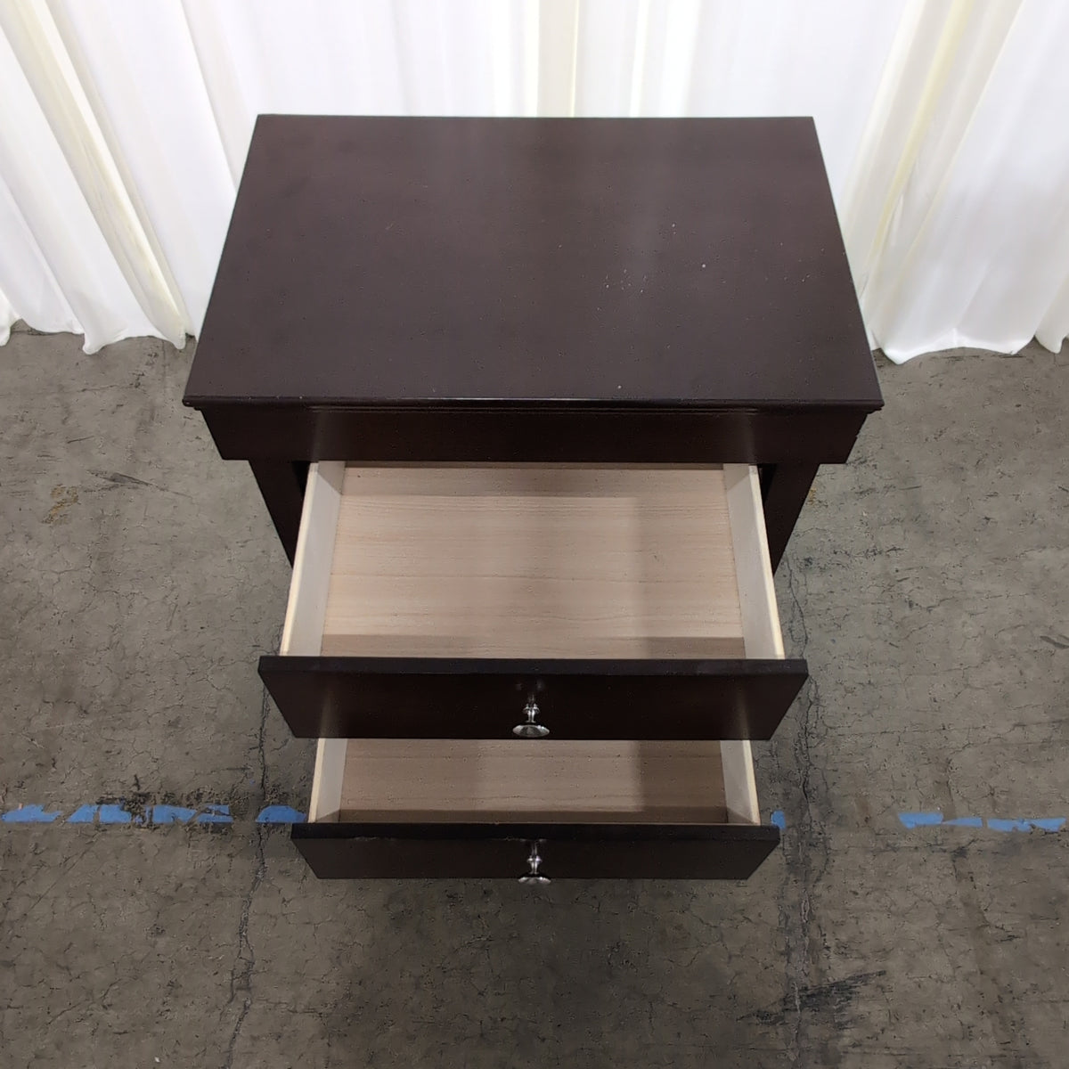 Dark Brown Two-Drawer Nightstand with Silver Knobs