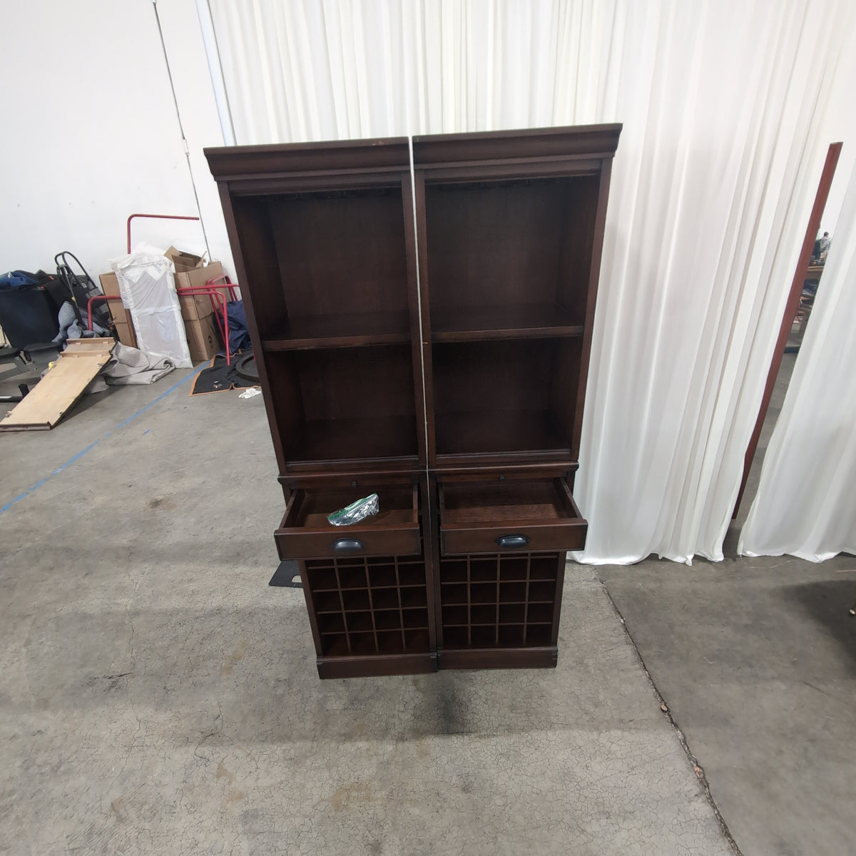 Pair of Pottery Barn Reddish-Brown Wood Wine Cabinet with Top Drawer