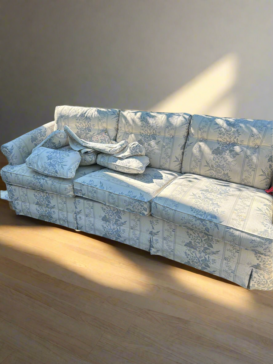 Traditional Three-Seat Sofa in Cream and Blue Floral Upholstery