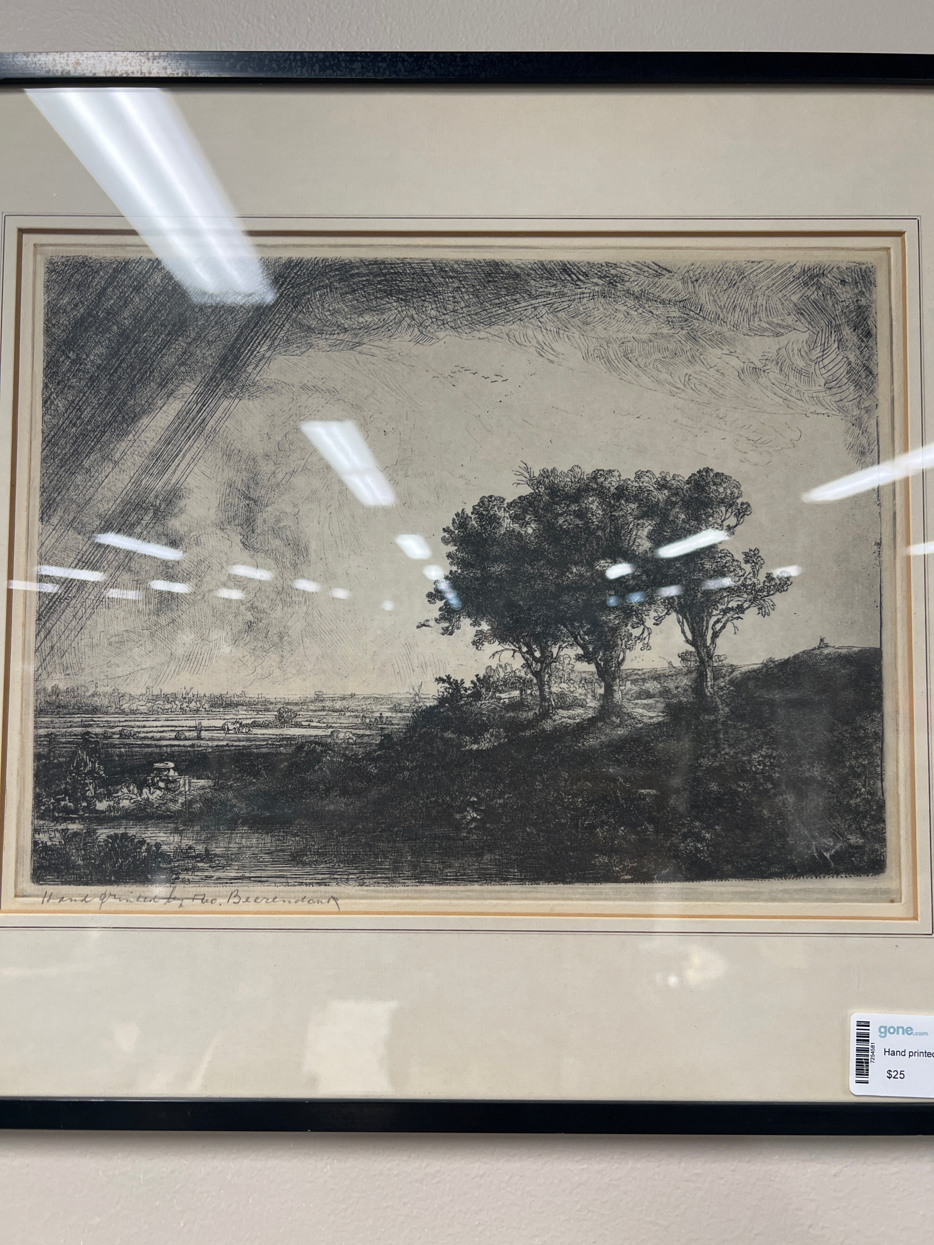 Black and White Hand Printing of Meadow With Three Trees