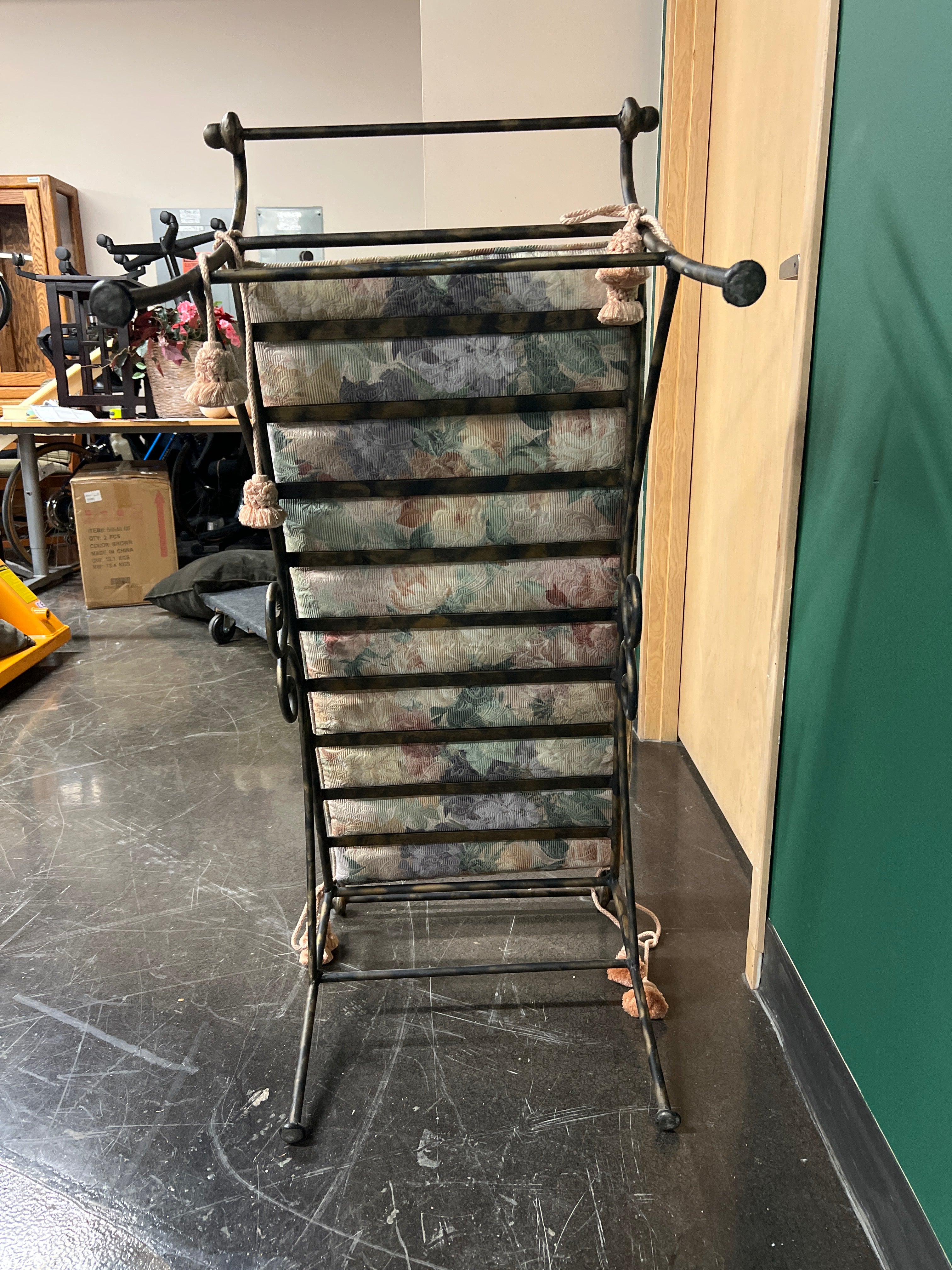 Ornate Metal Bench with Floral Upholstery