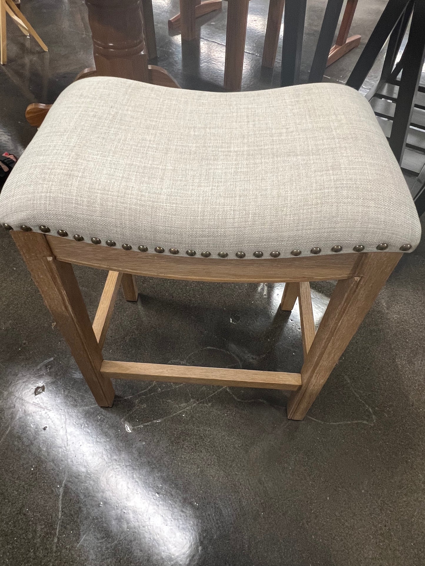 Fabric Upholstered Tan Barstool with Metal Rivets
