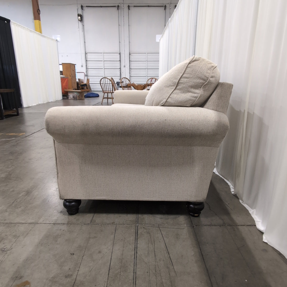 Light Beige Fabric Couch with Nailhead Trim