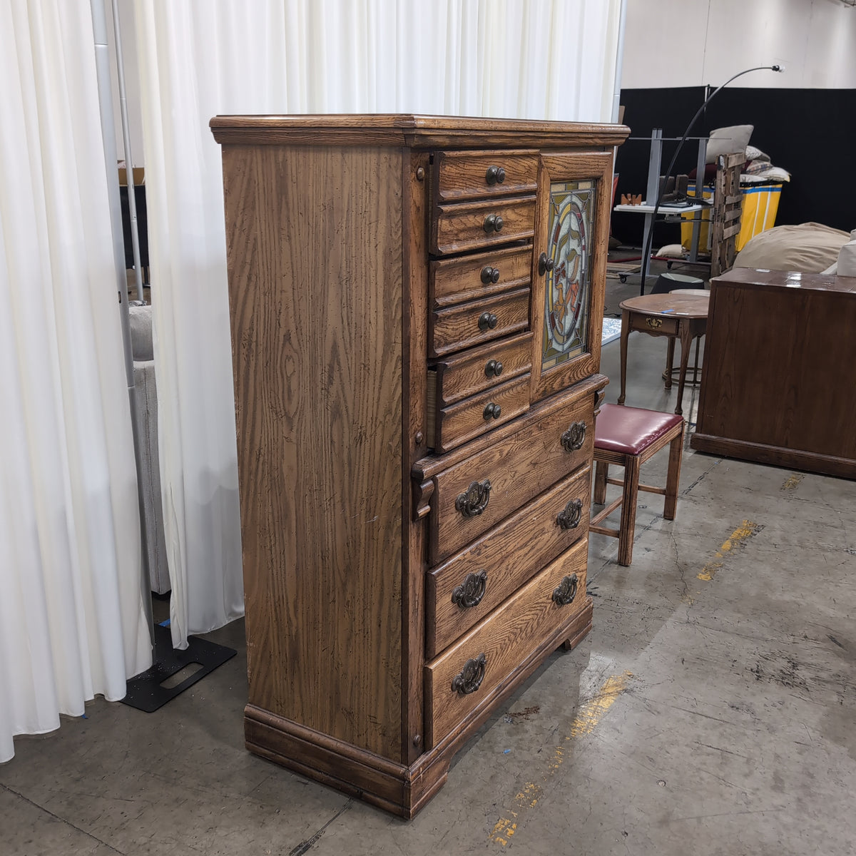 Oak Wood Dresser with Stained Glass Cabinet