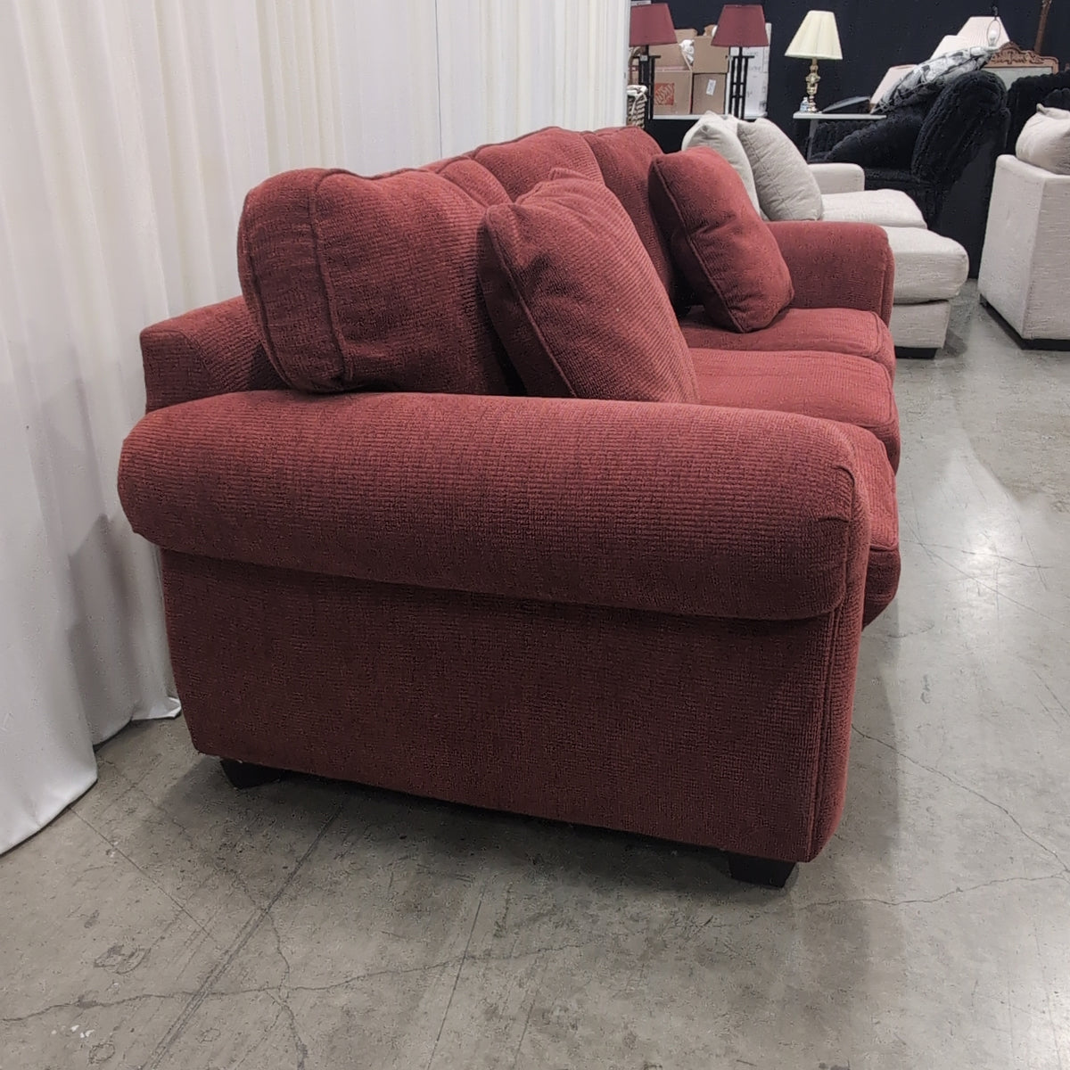 Deep Red Three-Seat Couch in Textured Fabric