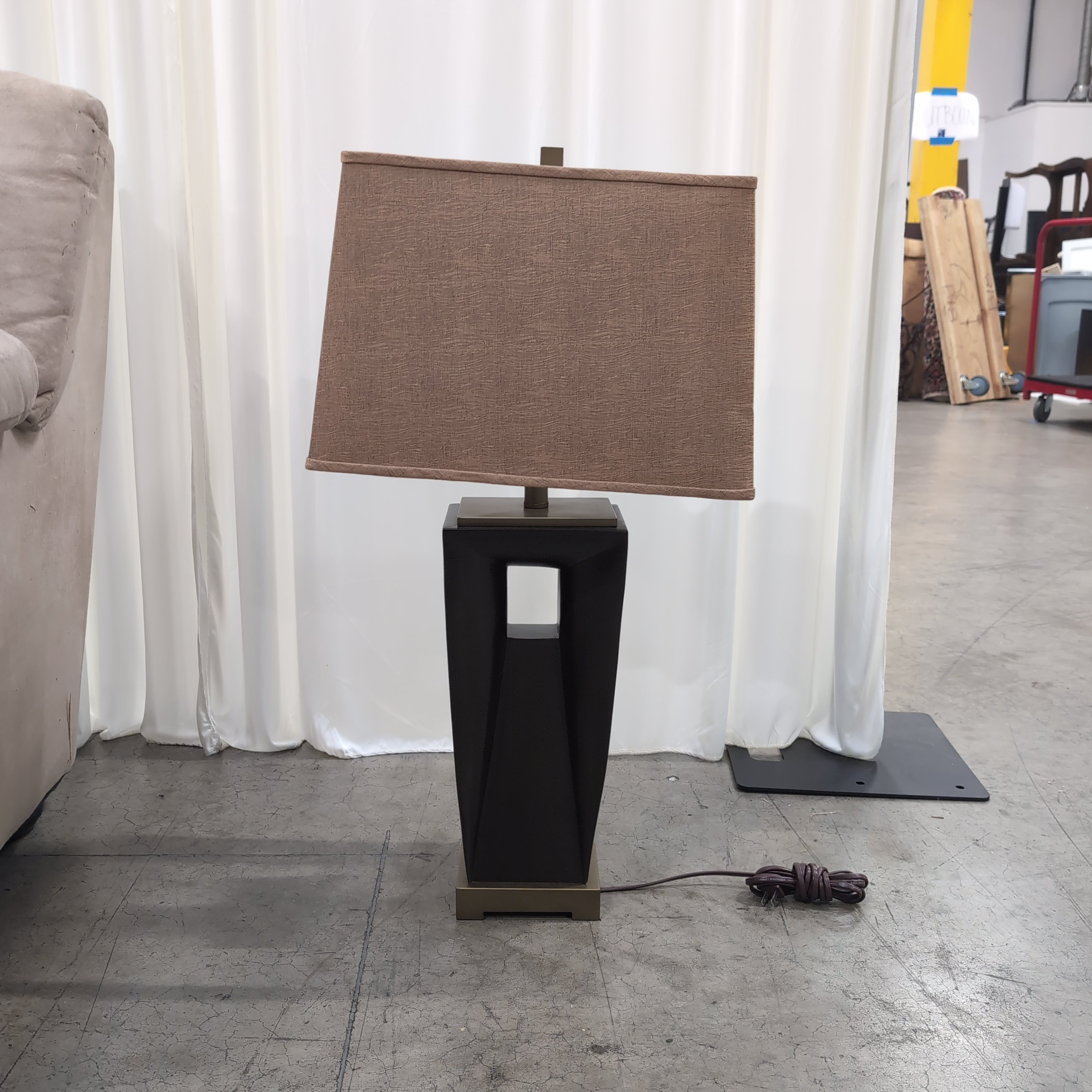 Geometric Dark Bronze Table Lamp with Fabric Shade
