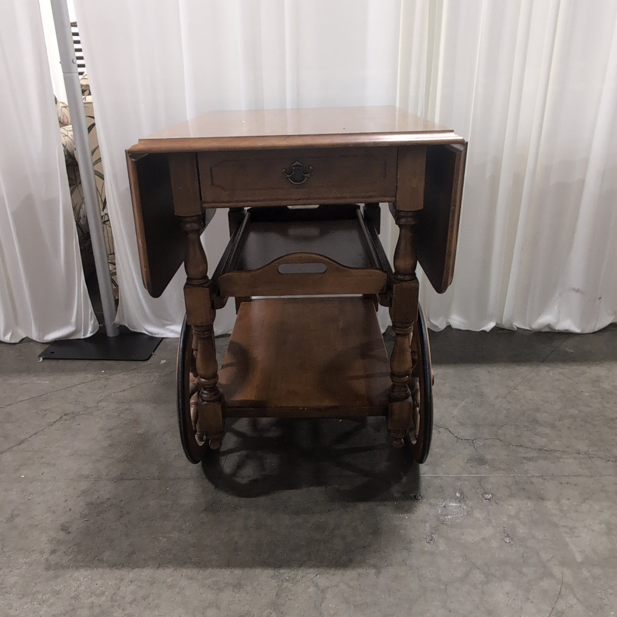 Light Brown Wood Drop Leaf Serving Cart with Turned Legs